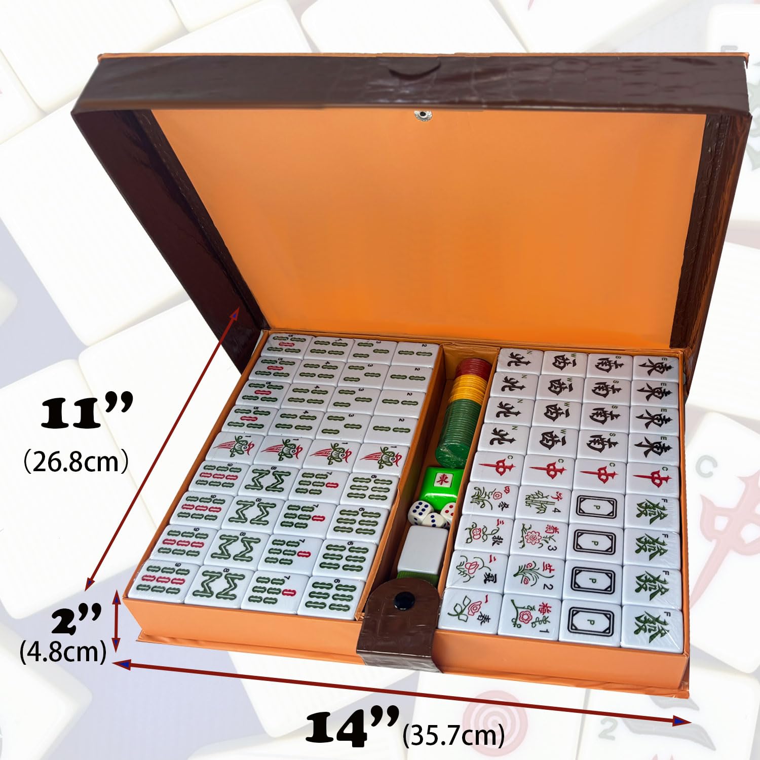 Ensemble de Mahjong Chinois avec étui de Transport, 3,8 cm de Large 144 + 2 Carreaux avec Chiffres Arabes, 2 dés et Un indicateur de Vent