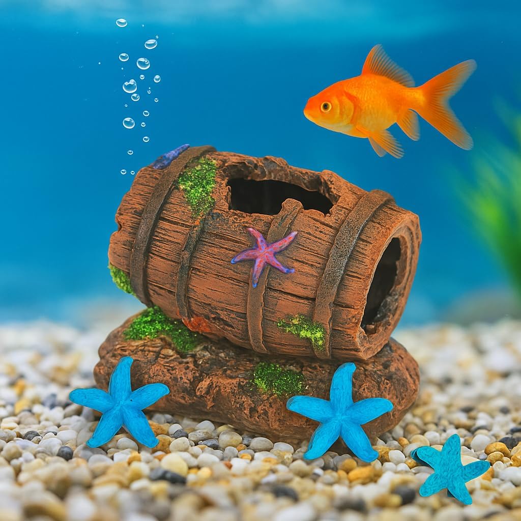 Aquarium Barrel Fish Tank Decorations – Resin Betta Fish Tank Cave with Blue Starfish Ornaments, Rustic Aquarium Ornaments for Small Fish