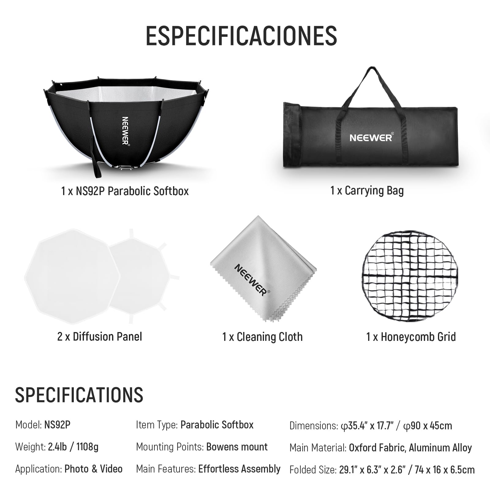NEEWER 35,4" Octagonal Parabolic Softbox, Bowens Mount Soft Box kompatybilne z Aputure 120D, kompatybilne z Godox SL60w Q4 AS600B CB300B Q300, oświetlenie, dyfuzory, siatka, torba i ściereczka do