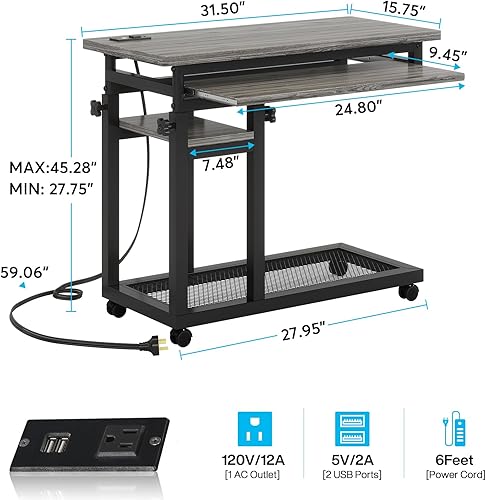 Miniatura 2 de Tribesigns Pequeño escritorio portátil con toma de corriente, sofá de altura ajustable, mesita de noche para laptop con ruedas, escritorio móvil de