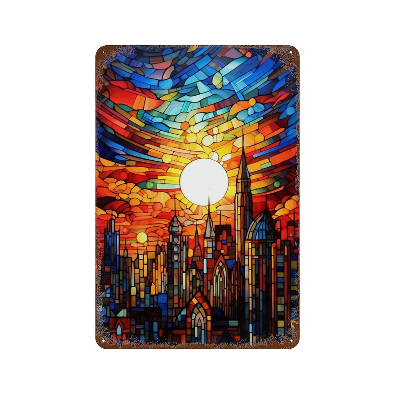 Stained Glass Cityscape Art-1 Rustic Tin Plaque 11.8"x7.9", Classic Wall Plaque for Garage, Pub Or Kitchen