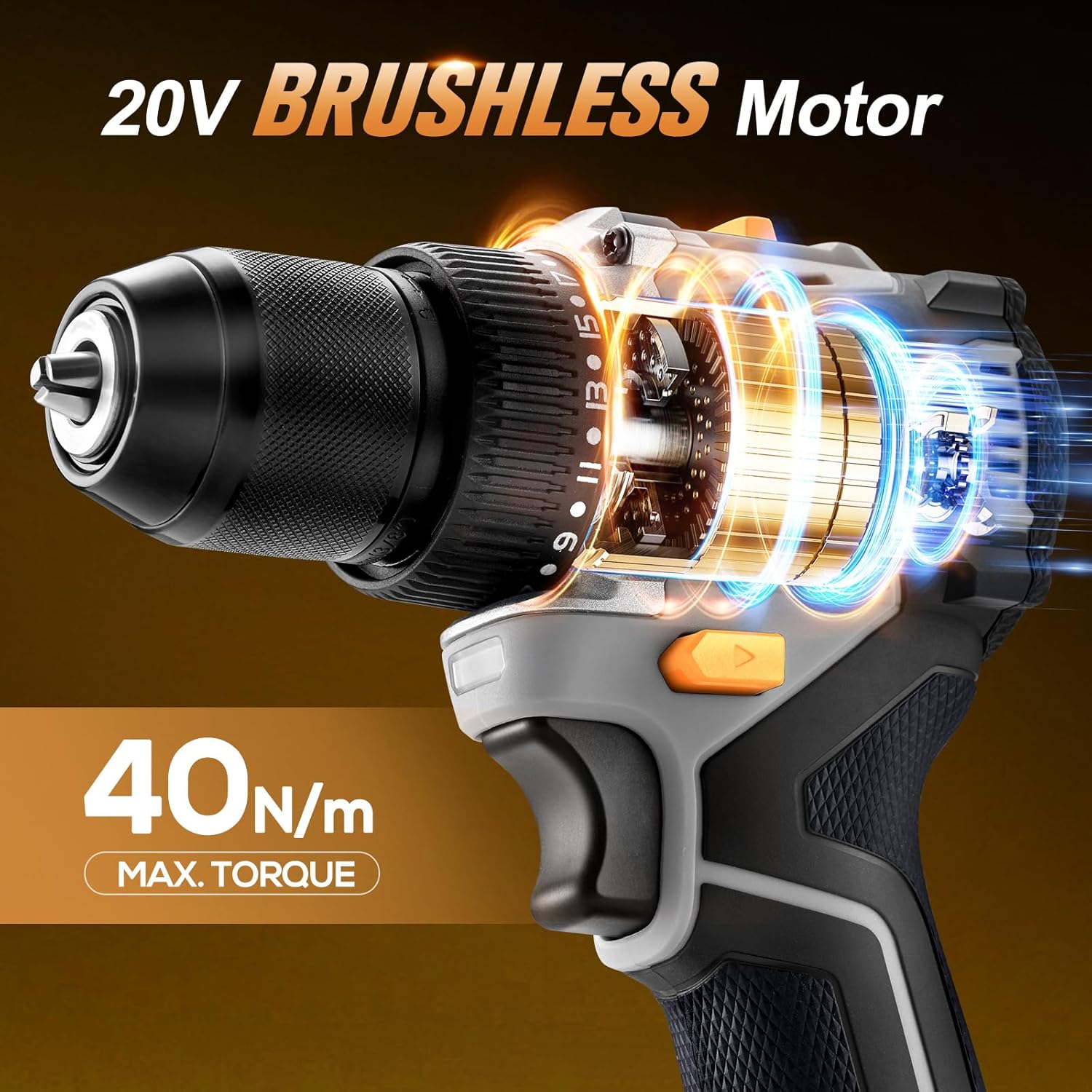 20V Brushless Cordless Lithium-Ion Drill Set, Compact Design, Gray Rechargeable Lithium-Ion Drill Kit, including 2.0Ah Battery, Charger and 3/8-inch Keyless Chuck