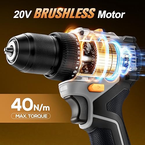 Miniatura 2 de Juego de taladro de iones de litio inalámbrico sin escobillas de 20 V, diseño compacto, kit de taladro de iones de litio recargable gris, incluye