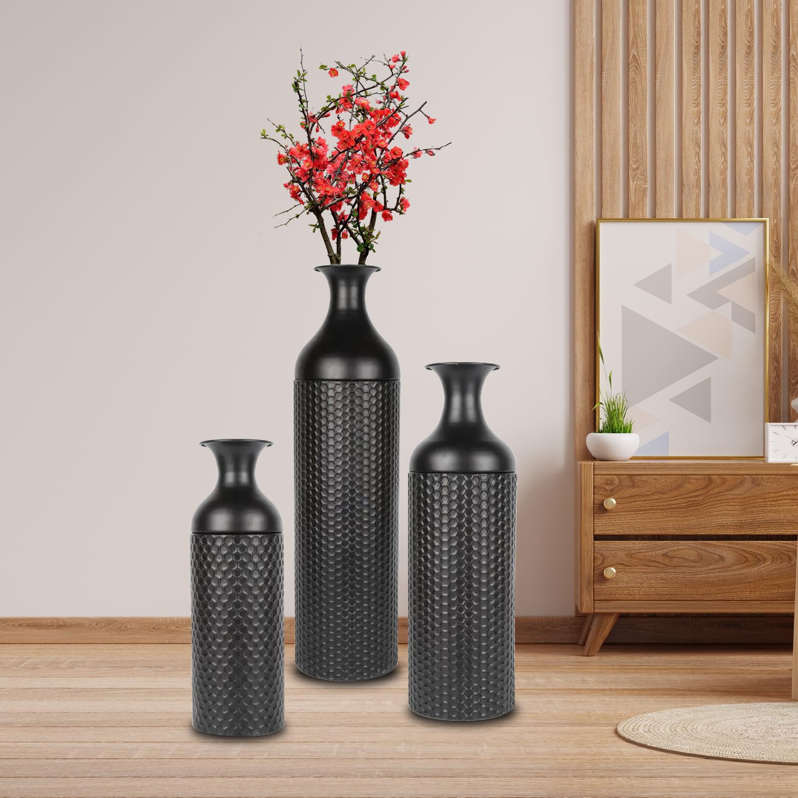 Vaso Grande da Terra Nero, 68/51/41 cm Metallo Vasi da Terra Set di 3, Struttura a Nido d'ape Vasi Decorativi Moderni Extra Vaso Alti da Terra per Camino Corridoio Ufficio Soggiorno