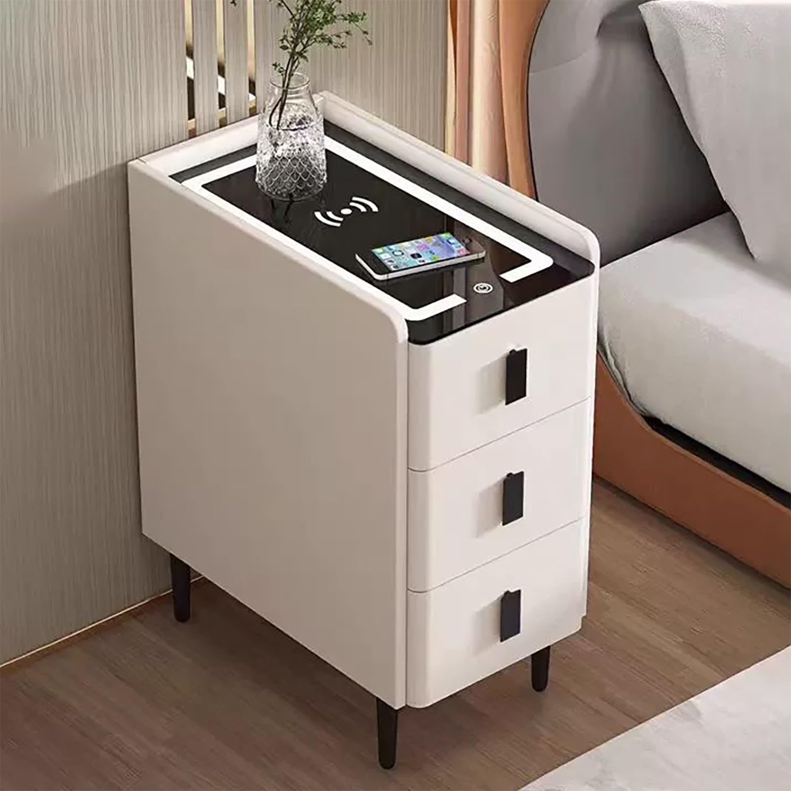 FYIYIEW bedside table, With 3-color LED Wireless Charging Station Leather Nightstand With 3 Large Capacity Drawers(White,35cm/13.8in)
