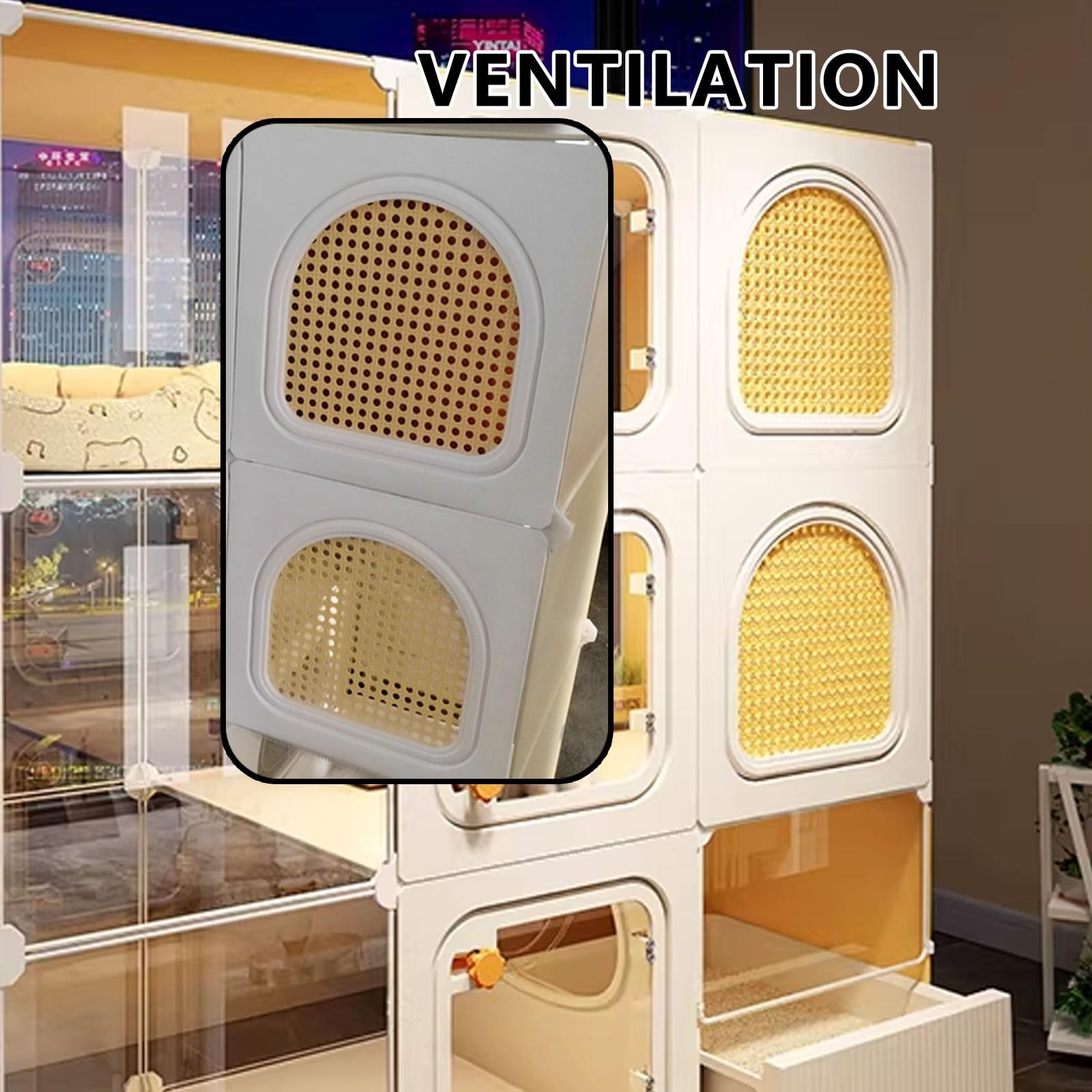 Gabbia per gatti da interno con lettiera, area intrattenimento multizona, ventilazione su entrambi i lati, adatta per 1-2 gatti