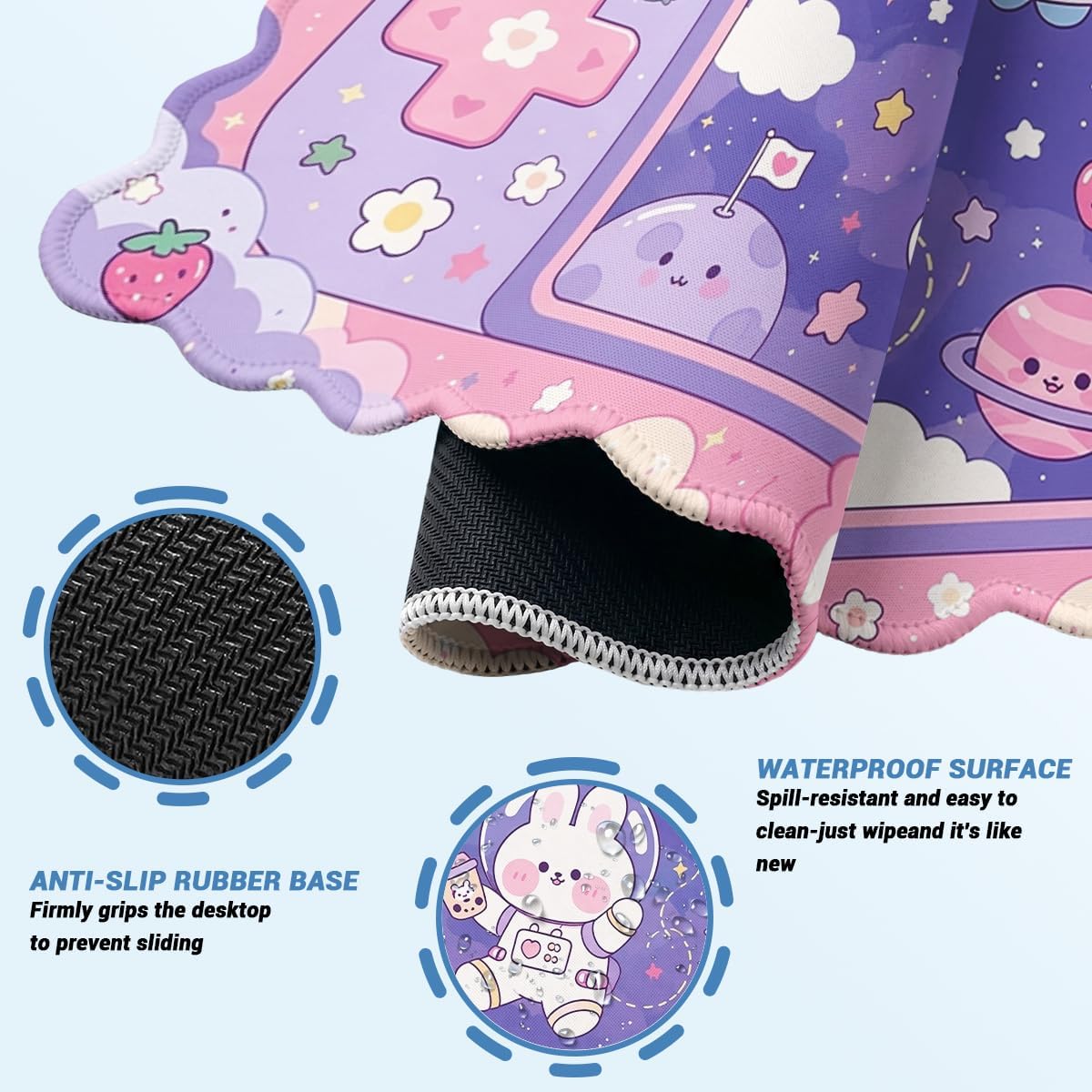 Kawaii Bunny Scalloped Desk Mat Space Gaming Strawberry Large Gaming Mouse Mat with Stitched Edges,Non-Slip Waterproof Rubber Base Office Computer Keyboard Laptop Home 31.5 x 15.7 Inch image 3