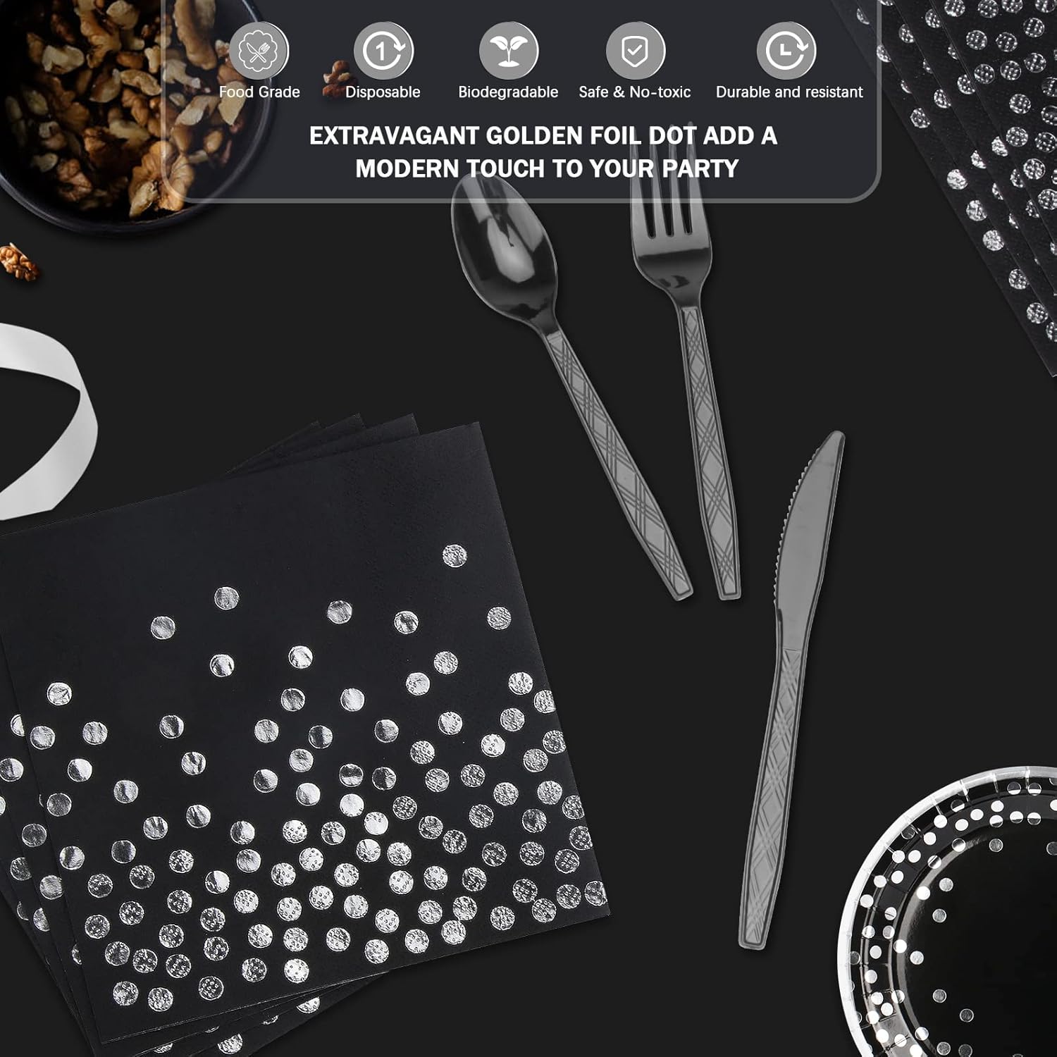 175PCS Black & Silver Party Supplies - Silver Dot Disposable Dinnerware - Black Paper Plates, Napkins, Cups, Plastic Forks, Knives, Spoons for New Year, Wedding, Graduation, Birthday Parties