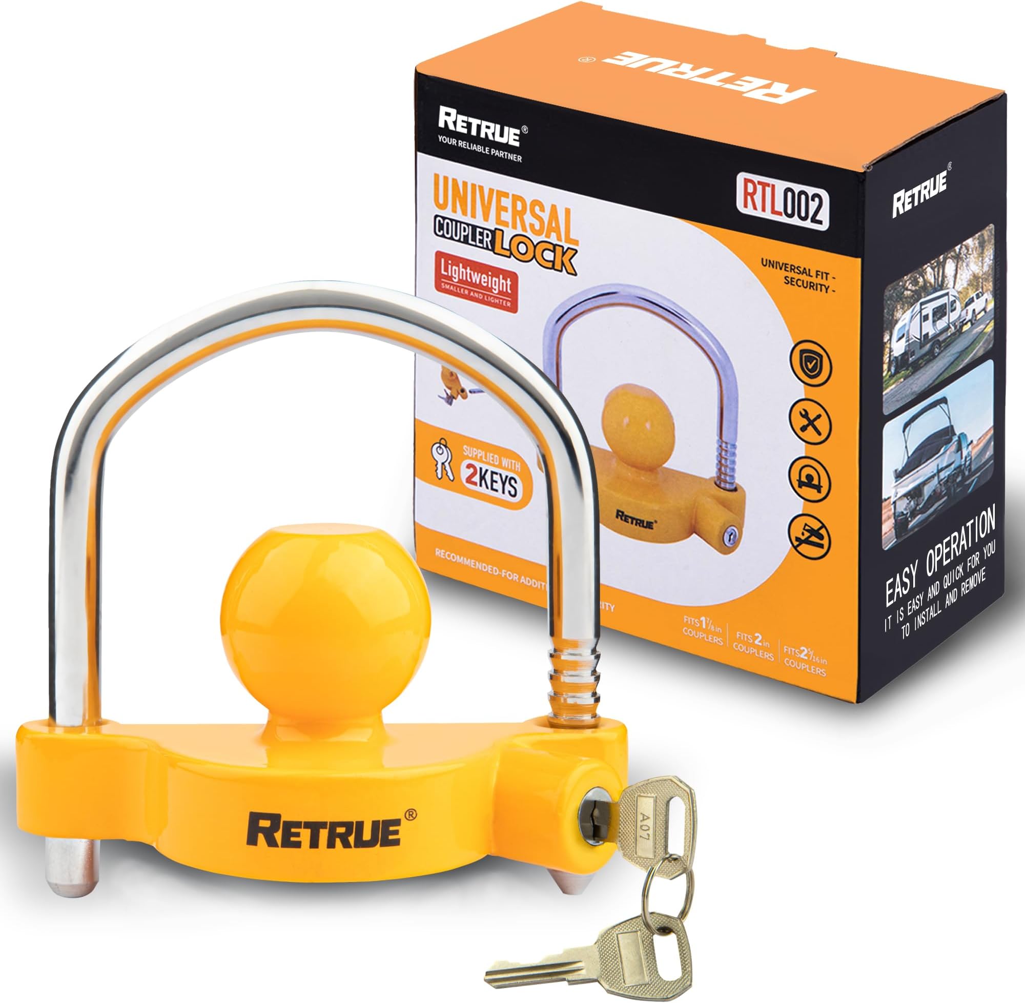 RETRUE Universal Coupler Lock Trailer Locks Ball Hitch Trailer Hitch Lock Adjustable Security Heavy-Duty Steel Fits 1-7/8 Inch, 2 Inch, 2-5/16 Inch Couplers, Yellow