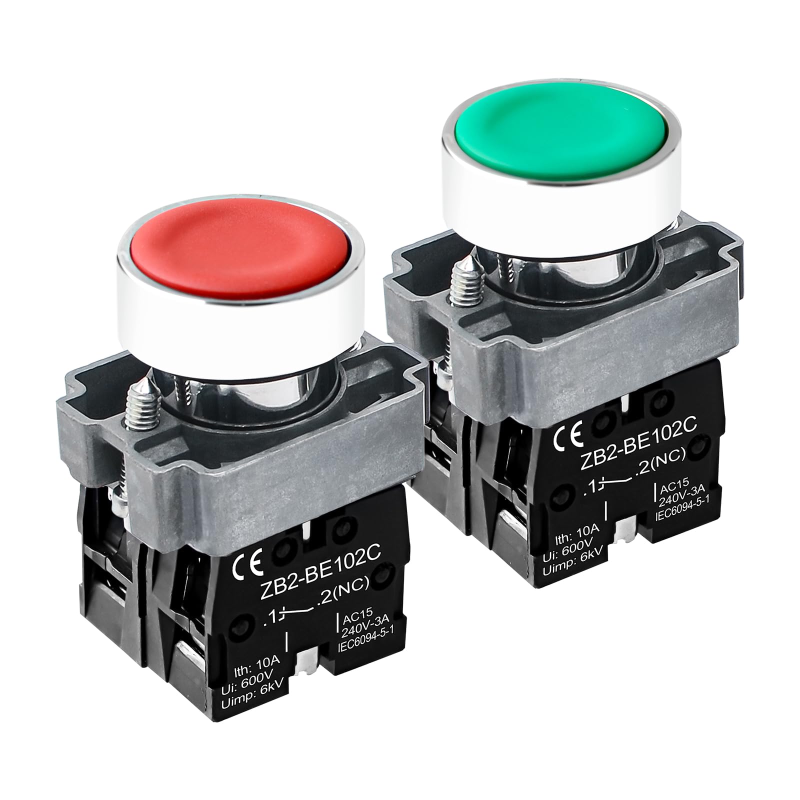 OELFFOW 2Pack Red & Green Metal Head Self-Reset Momentary Push Button Switch 1NO 1NC SPST Switches Ith: 10A, Ui: 600V, Uimp: 6kV, AC15 240V-3A, CE
