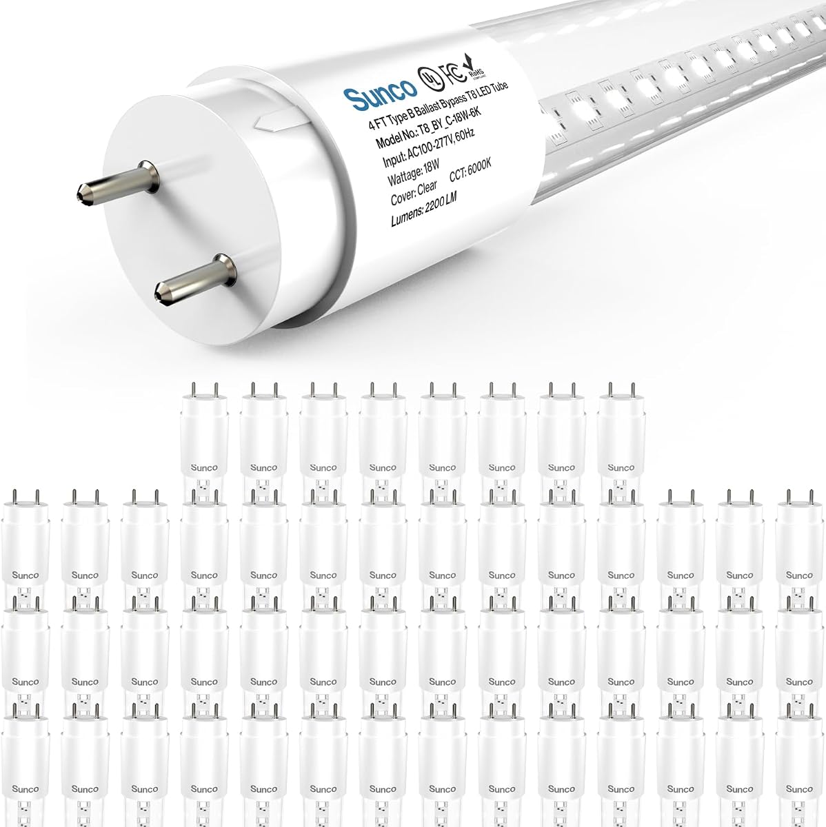 Sunco 50 Pack 4 Foot T8 LED Tube Light Bulbs, 18W, 6000K, Ballast Bypass | 2200LM, Clear Lens, Daylight DLX, Single-Ended Power, 48 Inch Fluorescent Bulb Replacement, Retrofit, Type B, Commercial