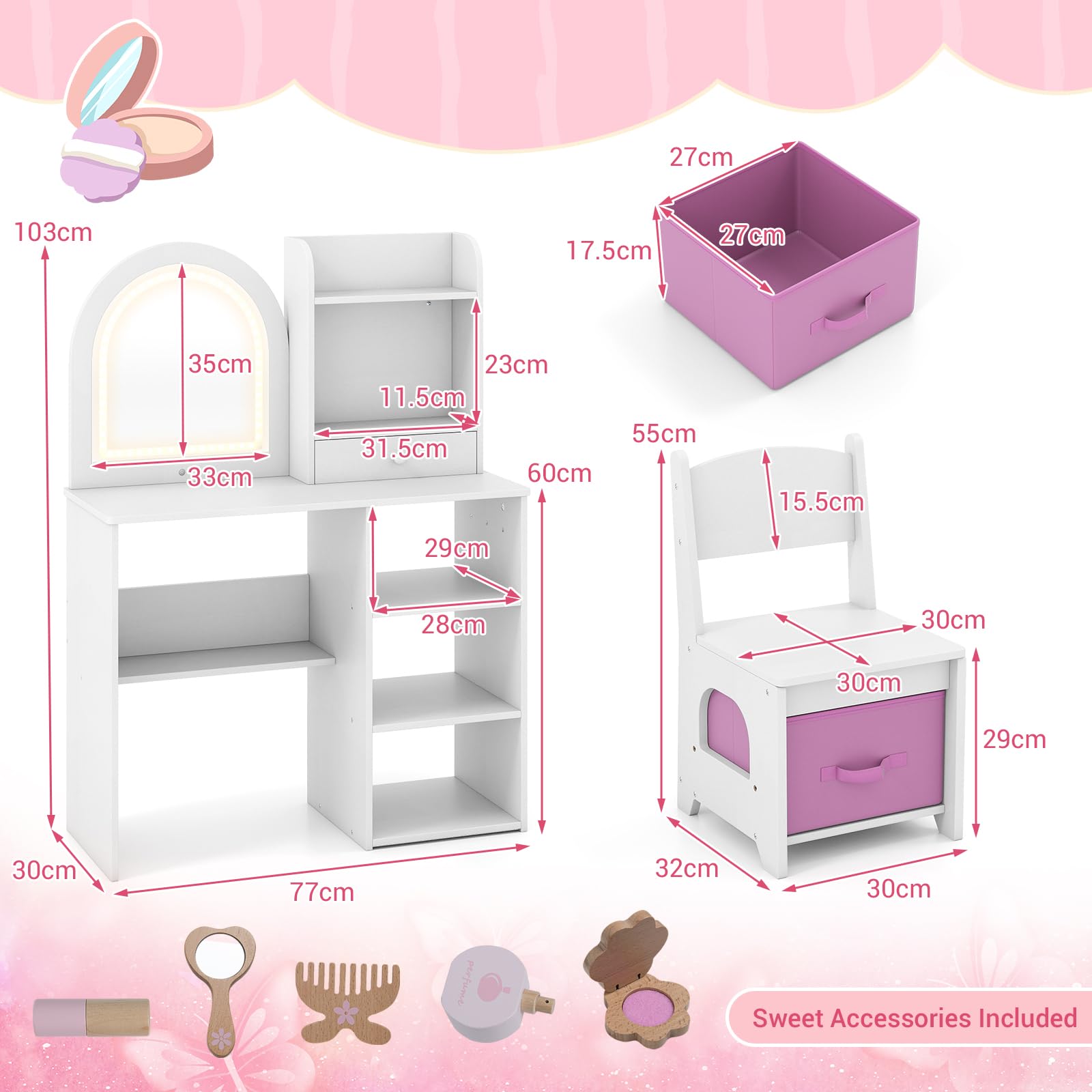 LIFEZEAL Specchiera Trucco per Bambina 3+Anni, con Luci, Sgabello, Sedia, Toeletta Tavolo da Trucco, Postazione Make up, Toilette, Vanity, con Cassetti, Scomparti Aperti, per Cameretta (bianco)