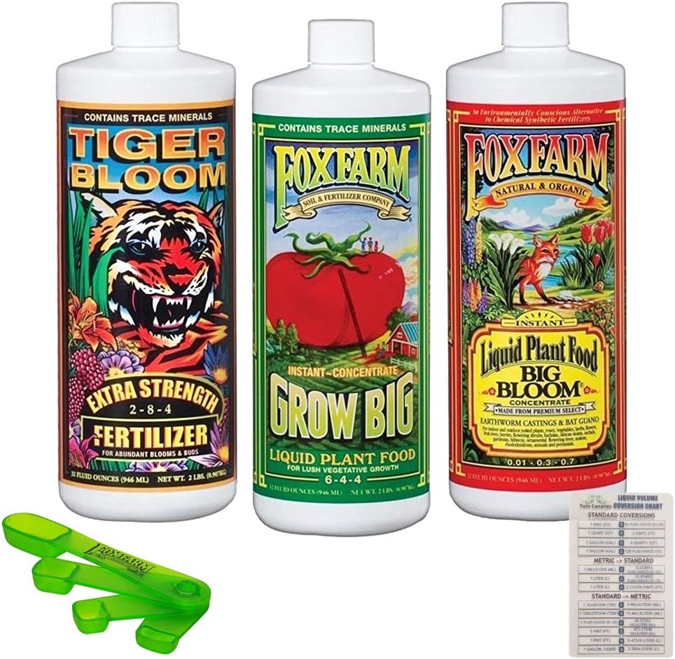 Fox Farm Liquid Nutrient Trio Soil Formula: Big Bloom, Grow Big, Tiger Bloom (Pack of 3-32 oz. Bottles) 1 Quart Each + Twin Canaries Chart & Foxfarm Measuring Spoon
