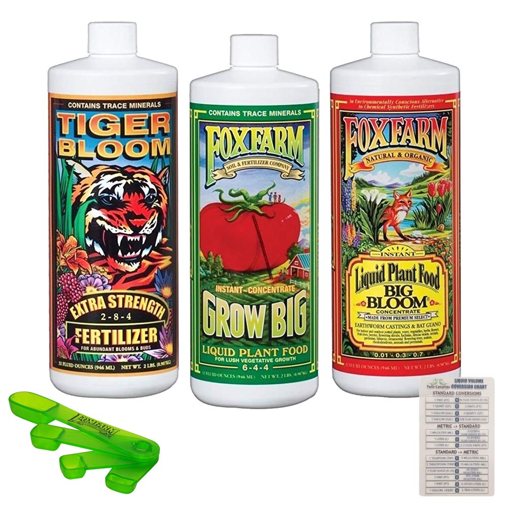 Fox Farm Liquid Nutrient Trio Soil Formula: Big Bloom, Grow Big, Tiger Bloom (Pack of 3-32 oz. Bottles) 1 Quart Each + Twin Canaries Chart & Foxfarm Measuring Spoon