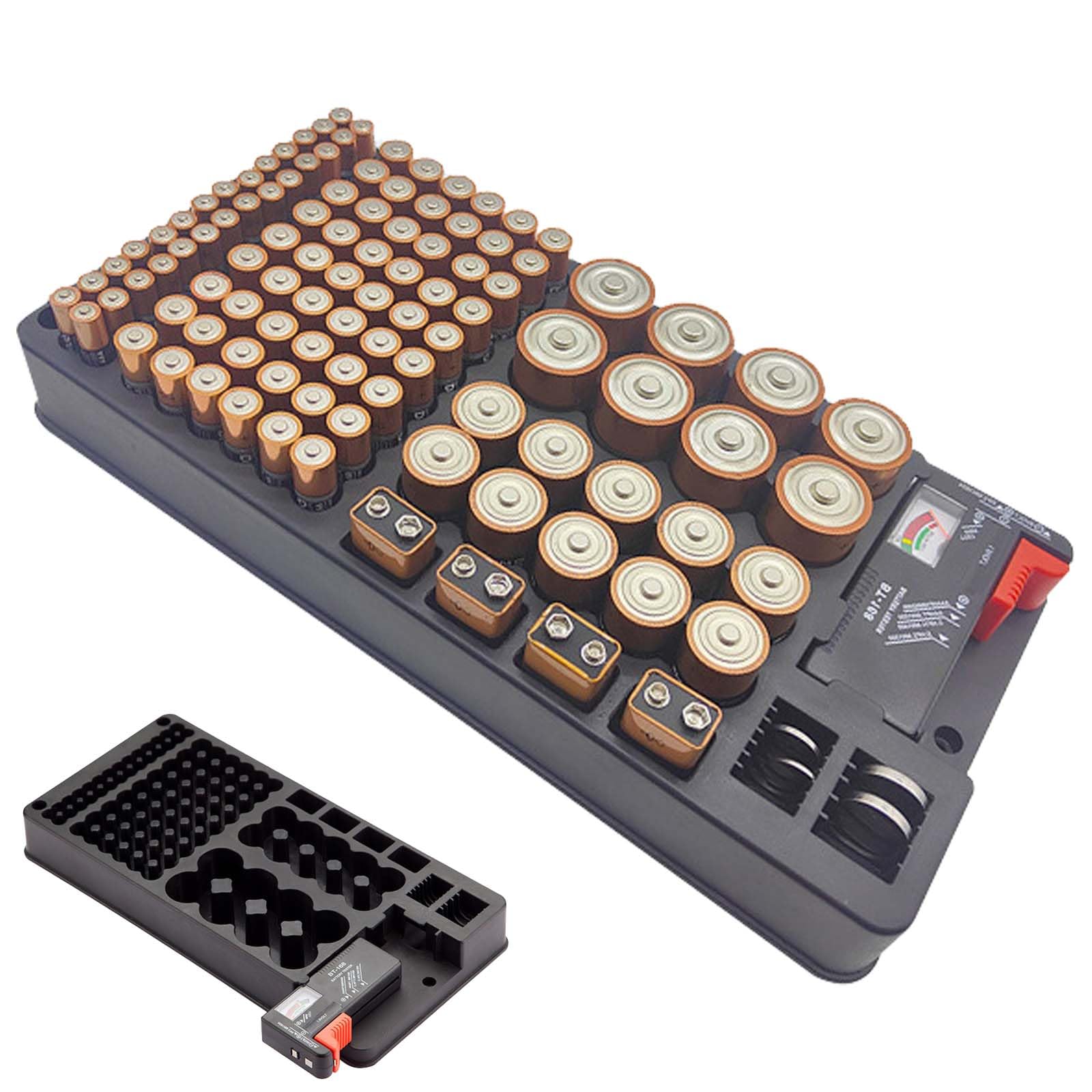 Scatola di immagazzinaggio batteria con tester per 116 batterie AAA AA 9V C D