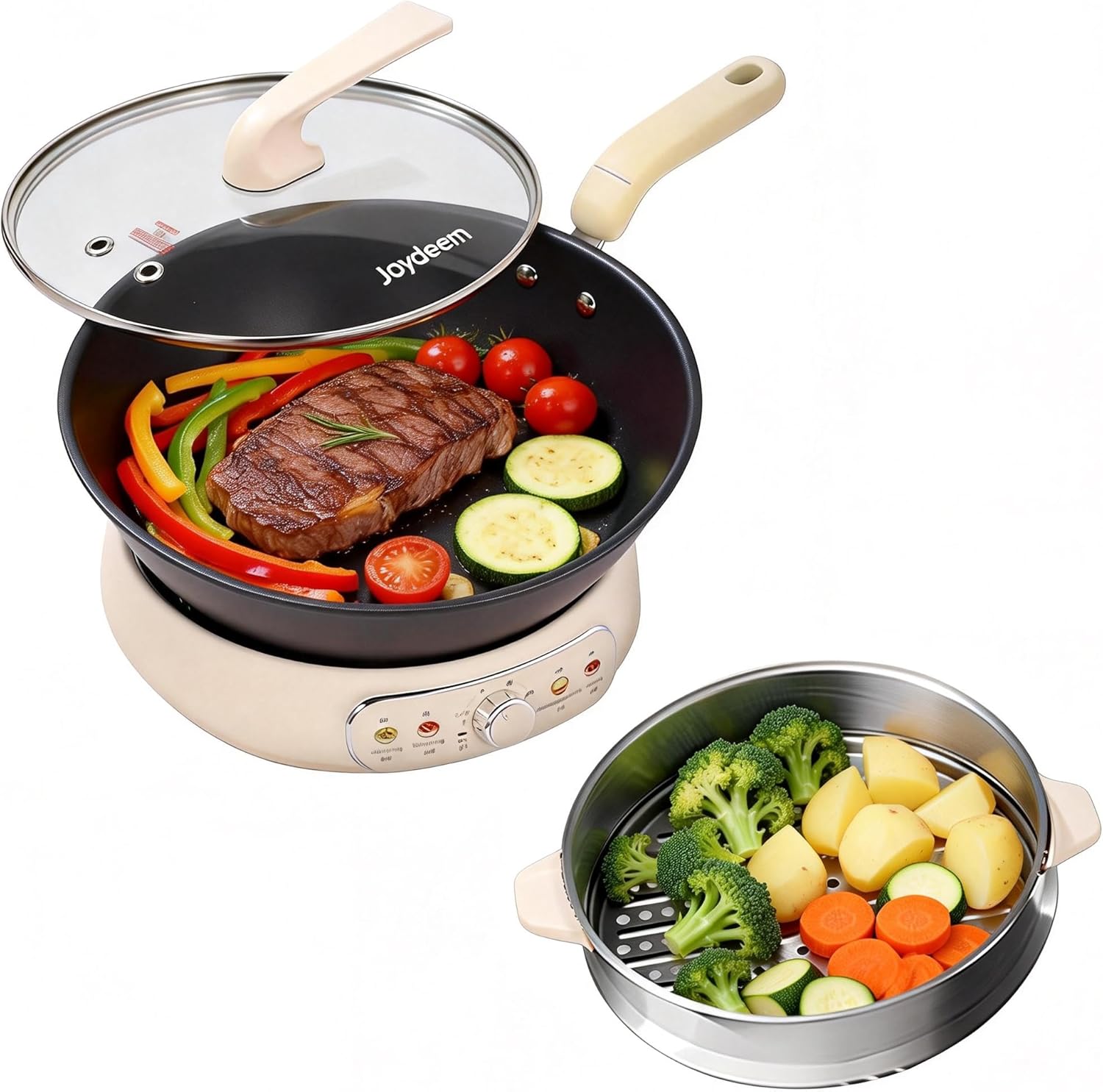 Joydeem 5Qt Electric Skillet, Pure Iron Nonstick Frying Pan with Glass Lid & Steamer Rack, 1600W 3-Level Heat Control, Removable Pot, Family-Sized Cooker for Boil Steam Sauté, 11.8...