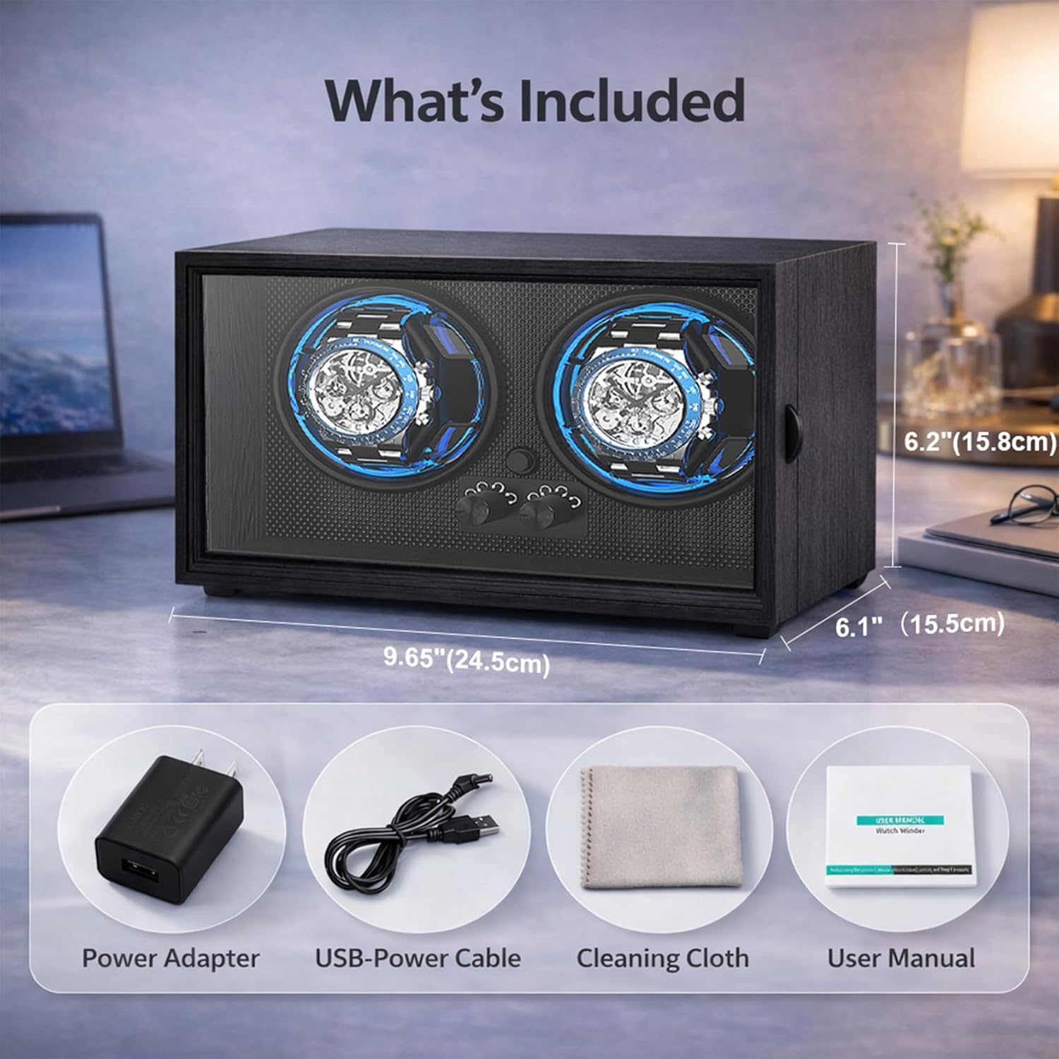 ALTIUS Watch Winder for Automatic Watches,Automatic Double Watch Winder Box with Super Quiet Motor and Blue LED,4 Rotation Modes,2 Individual Controller,Battery Powered or AC Adapter,Gift for Man