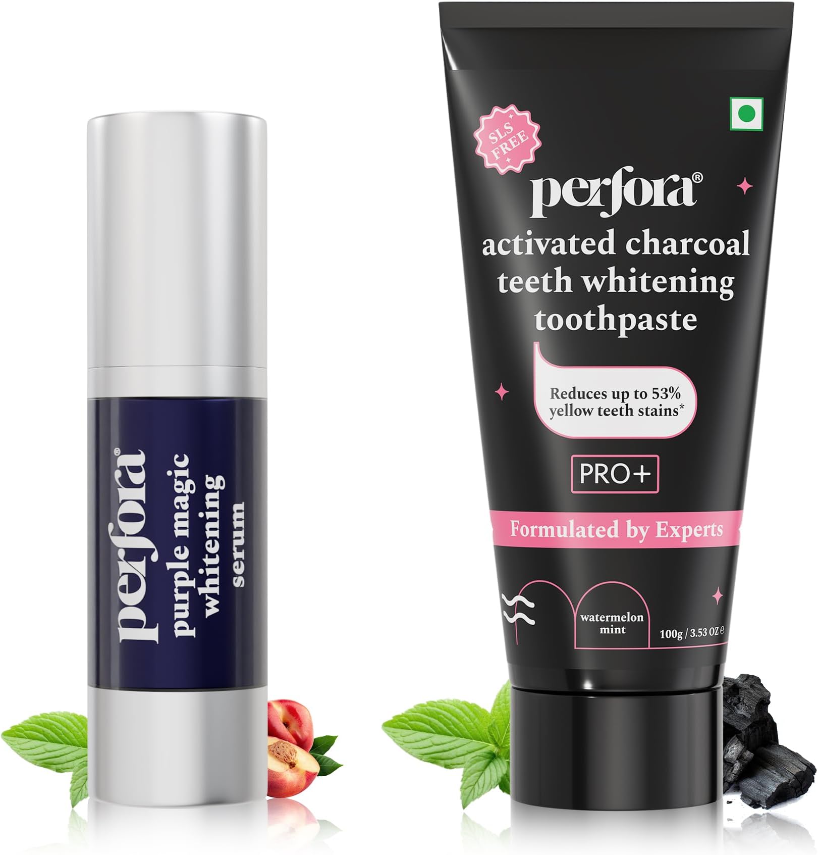Perfora Luminous White Oral Care Combo: Purple Magic Whitening Serum & Charcoal Watermelon Mint SLS Free Toothpaste For Adults | v34 Colour Corrector for Teeth | Enamel Safe & Effective Teeth Whitene