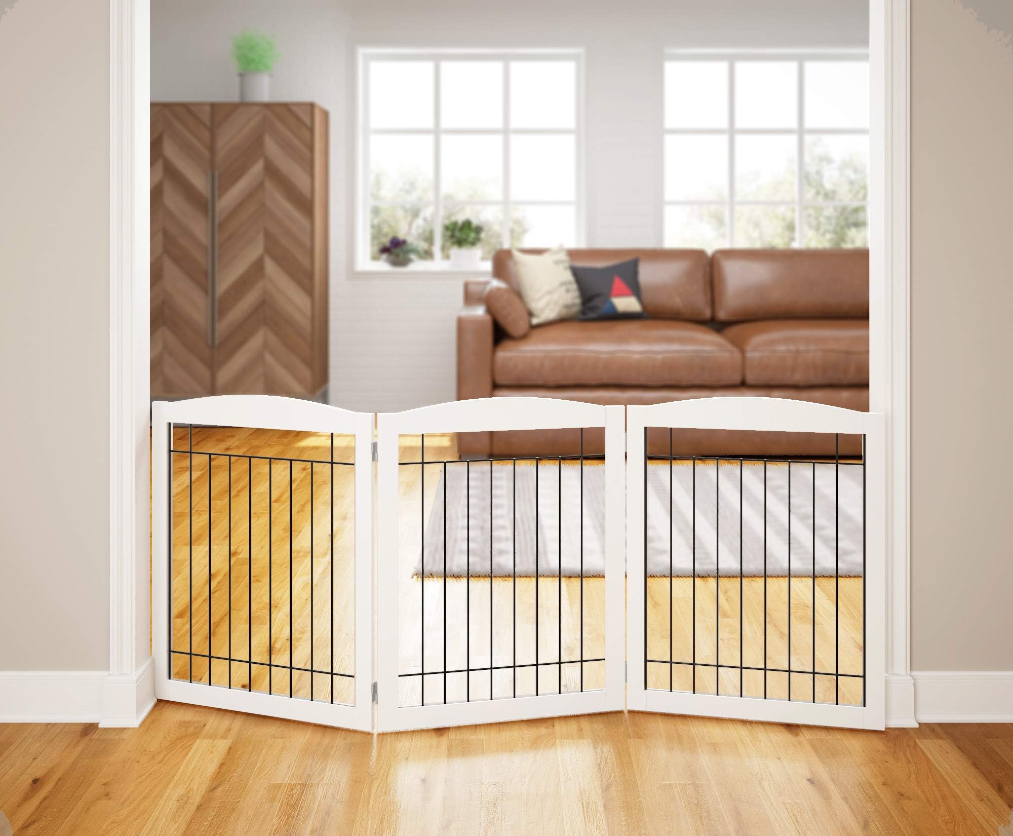 72“ Extra Wide Dog gate for The House, Doorway, Stairs, Freestanding Foldable Wire Pet Gate, Pet Puppy Safety Fence, 30" Height (White, 3 Panels)