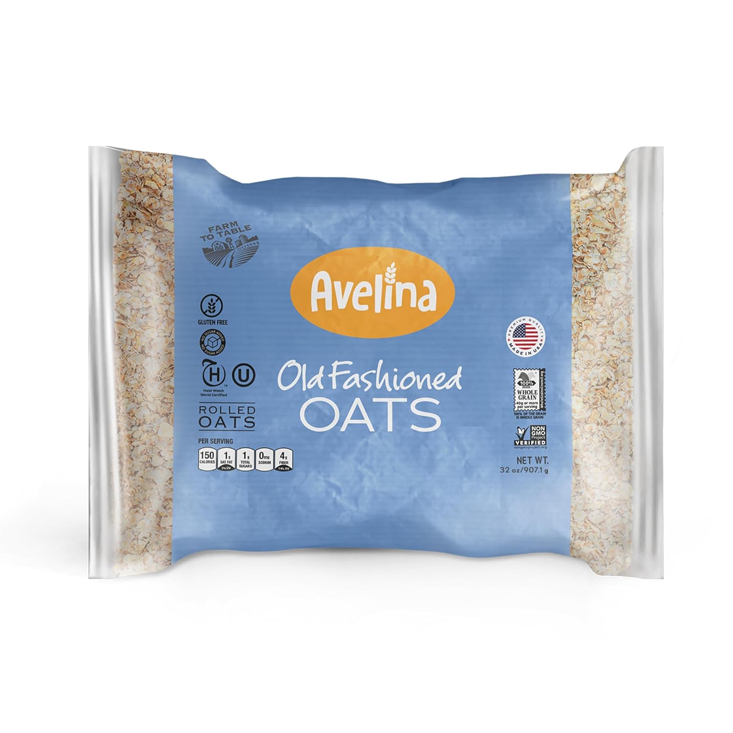 Avelina Gluten-Free Old Fashioned Rolled Oats 32oz - High-Fiber, Non-GMO Whole Grain Oatmeal for Digestion & Energy