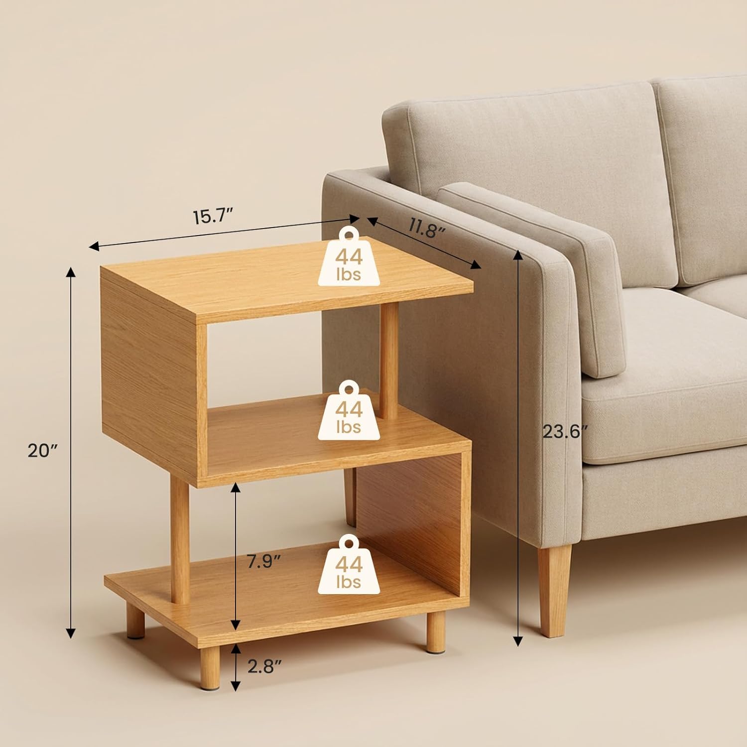 Apicizon S-Shaped Side Table, 3-Tier Nightstand with Solid Wood Legs, Slim Bedside Table with Storage Shelf, Modern End Table for Small Spaces, Bedroom, Living Room, Entryway, Natural