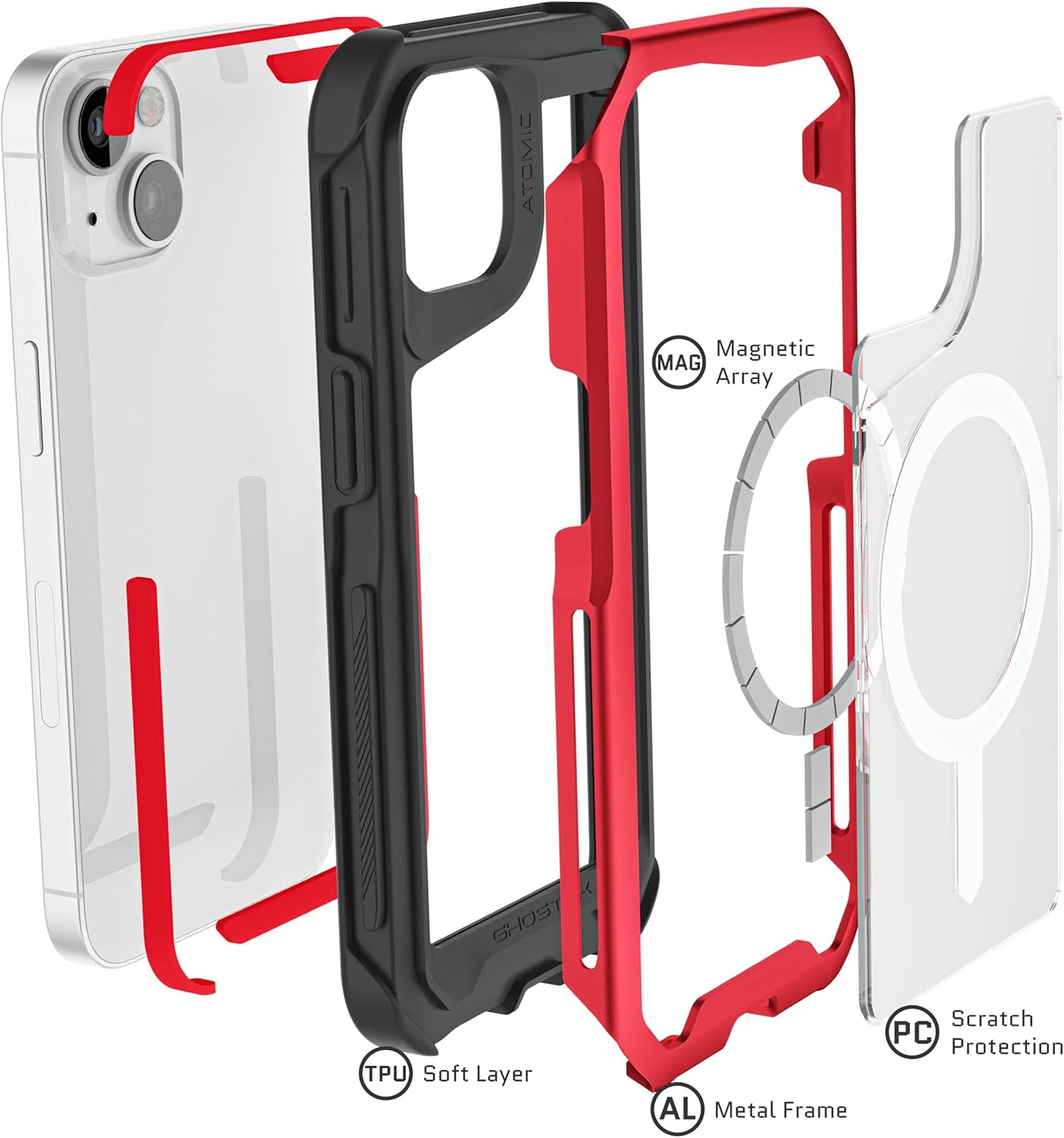 Ghostek ATOMIC slim iPhone 14 Phone Case with MagSafe Magnetic Ring and Clear Back Design Tough Heavy Duty Aluminum Metal Bumper Non-Slip Grip Covers Designed for 2022 Apple iPhone 14 (6.1 inch) (Red)