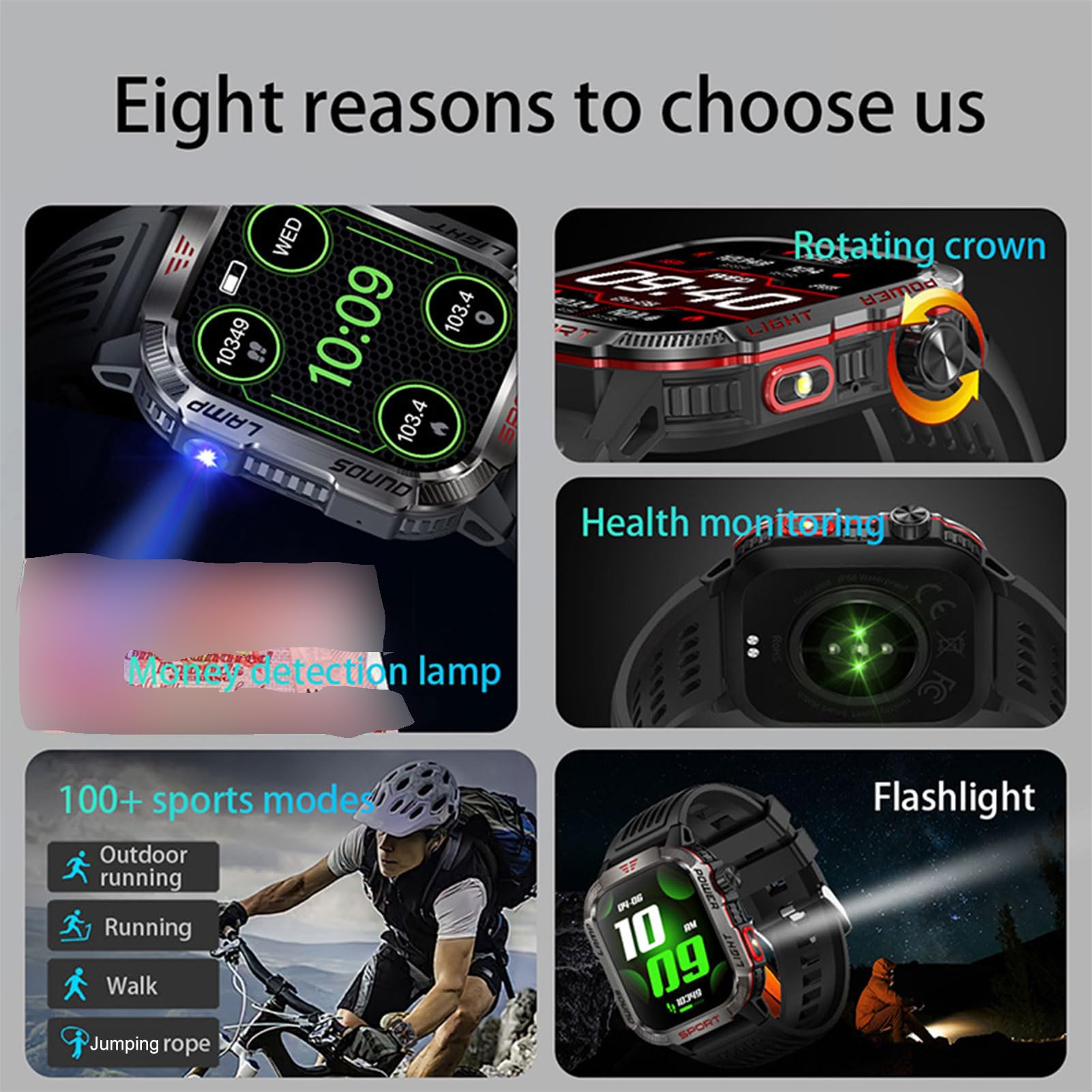 Mingzhe Sports de Plein Air Intelligents Écran HD de 0,01 Pouce avec Boussole IP68 5.0 Plus 100 Modes Sportifs pour la Randonnée, la Course à Pied, Le Cyclisme Bracelet en Silicone