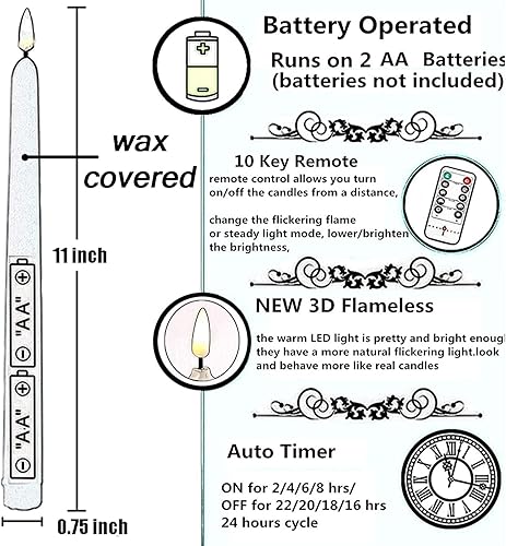 Miniatura 6 de NONNO & ZGF Paquete de 10 velas cónicas cubiertas de cera LED negras de 11 pulgadas con 2 controles remotos, velas decorativas sin llama, LED blanco