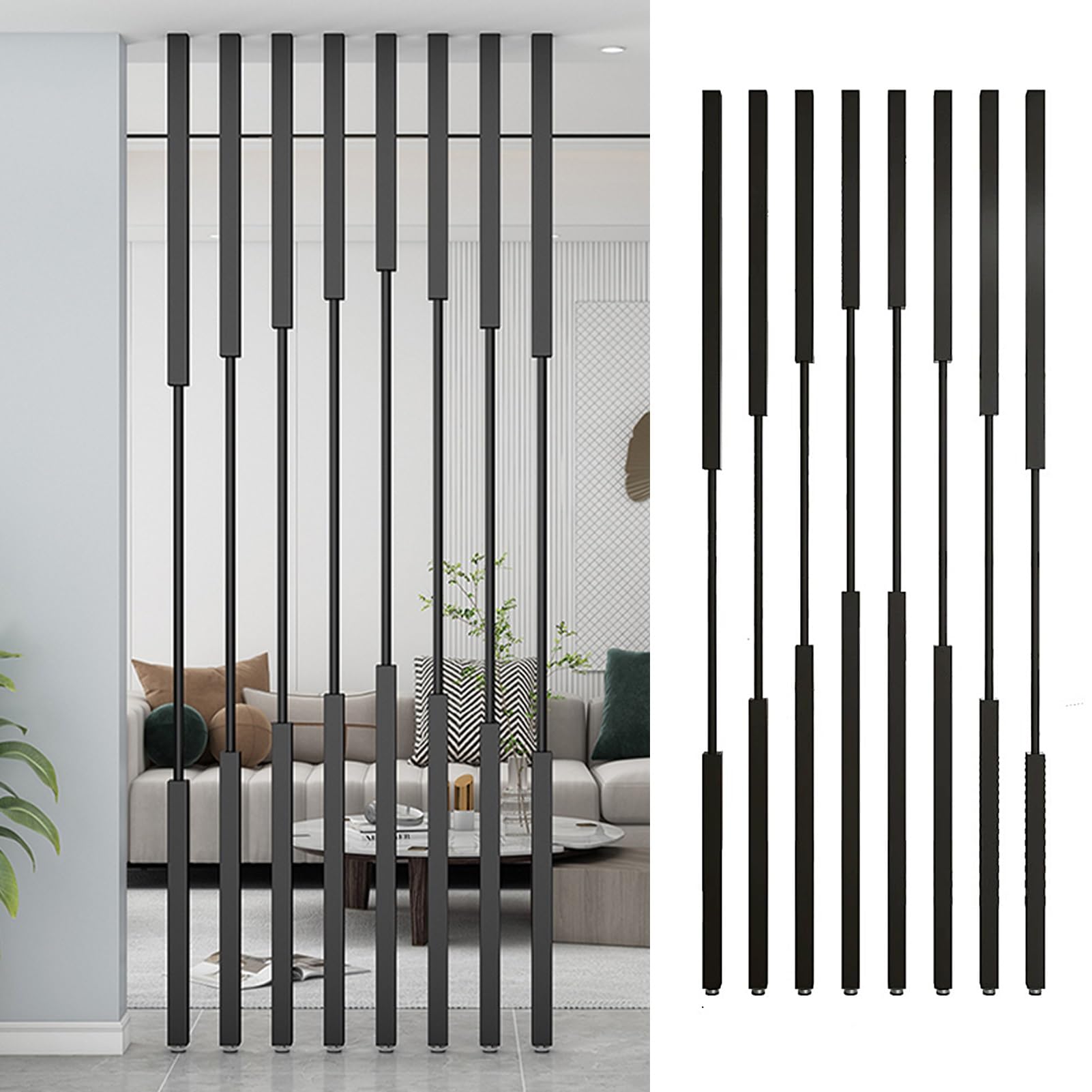ルームディバイダーパーティションスクリーン、100-300cm天井から床までの支柱、リビングルーム/オフィス/玄関用、装飾プライバシースペースセパレーター - 5/8個のブラックメタルスラット(8pcs-A,270cm)