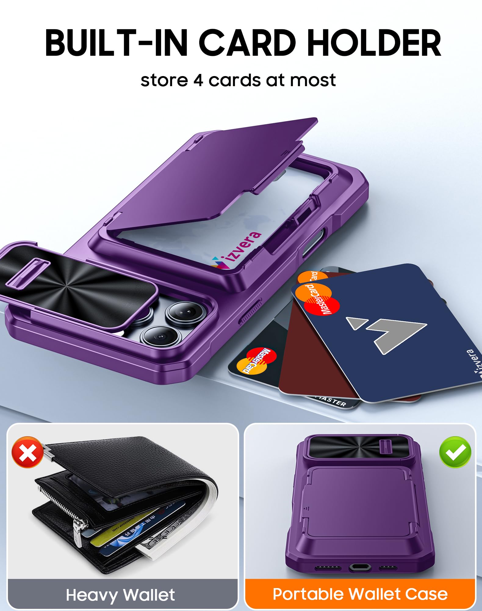 Vizvera iPhone 16 Pro Max Case with RFID Card Holder, Slide Camera Cover, Kickstand, Matte Hard Back, TPU Soft Edge Case - Purple - Image 3