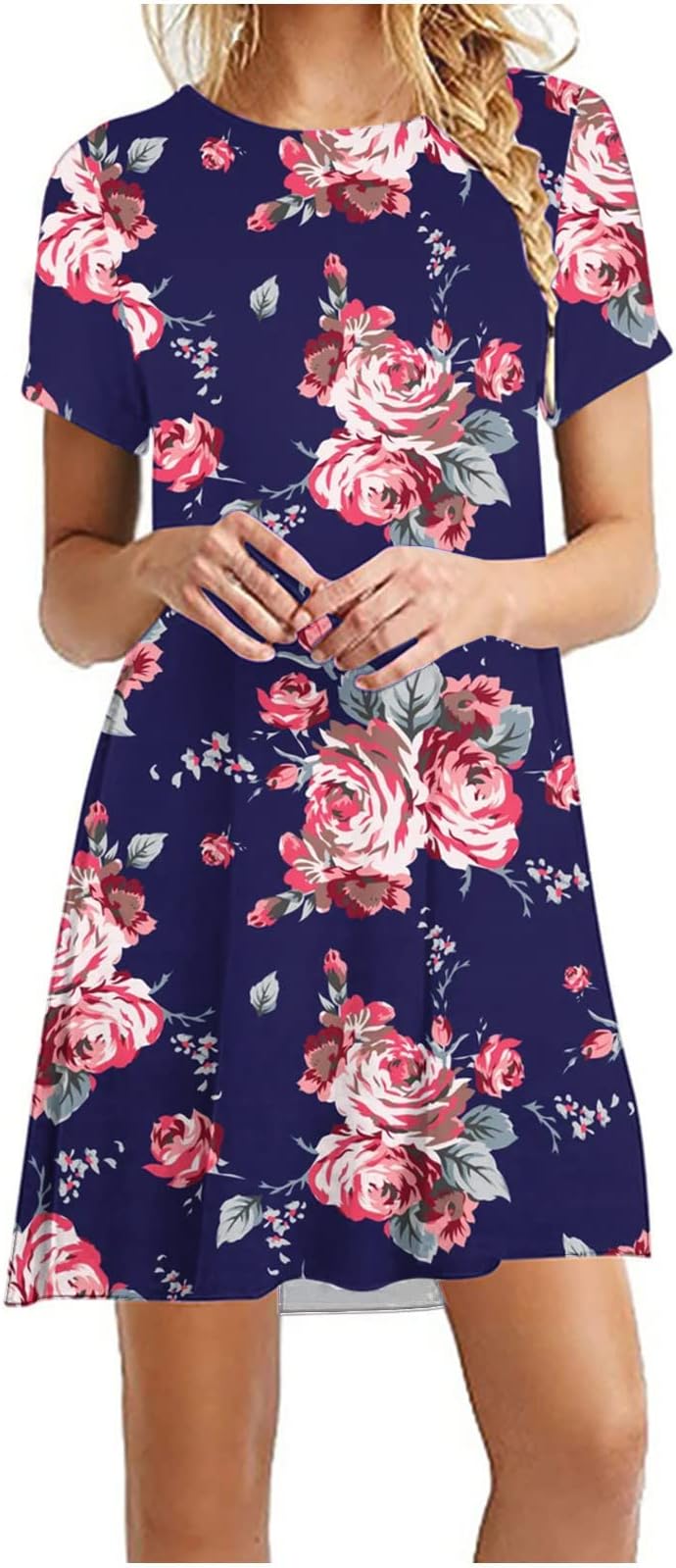 Stessotudo Women Casual Floral Printed Dresses Short Sleeve Loose Fit T Shirt Dress Round Neck Summer Lounge Beach Sun Dress
