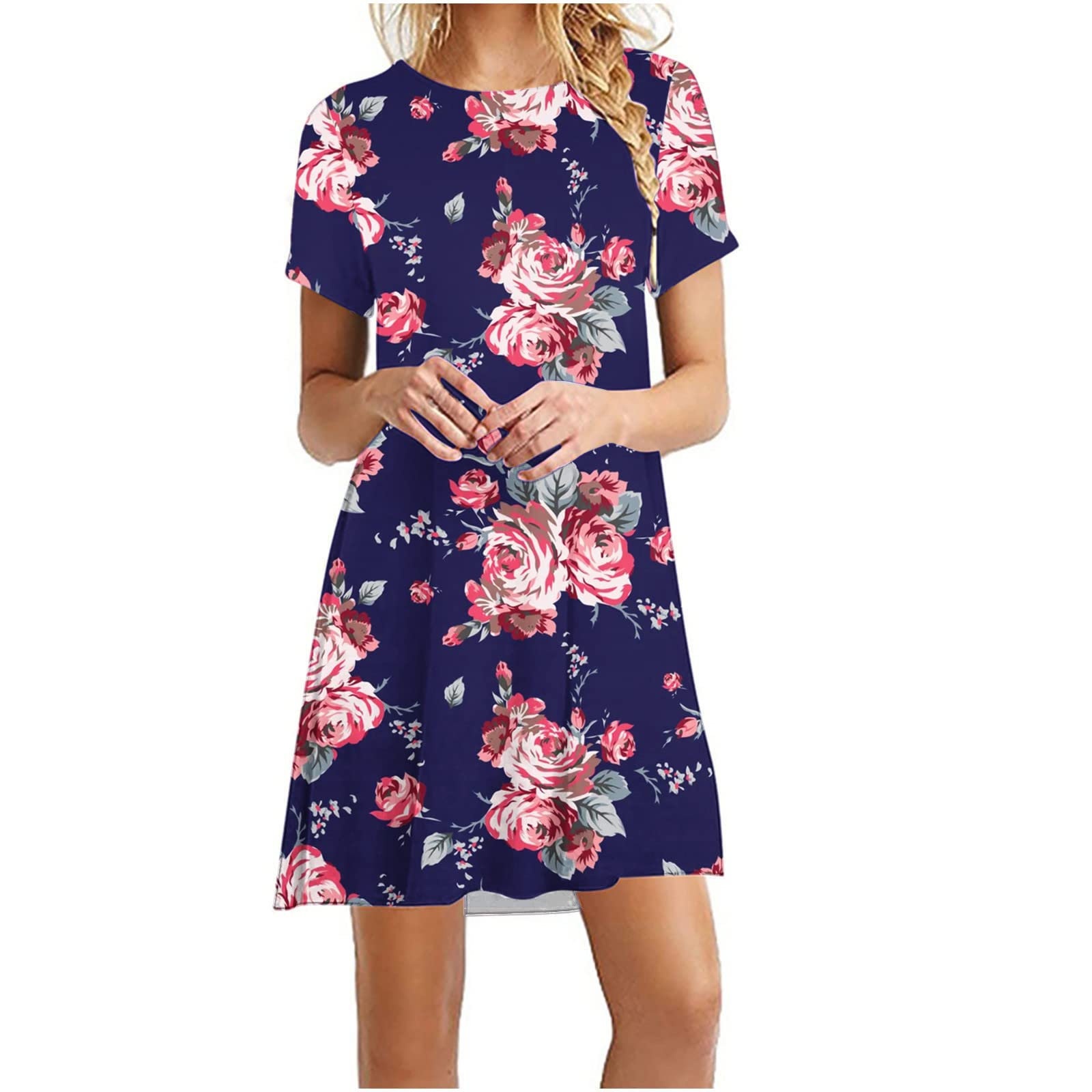 Stessotudo Women Casual Floral Printed Dresses Short Sleeve Loose Fit T Shirt Dress Round Neck Summer Lounge Beach Sun Dress
