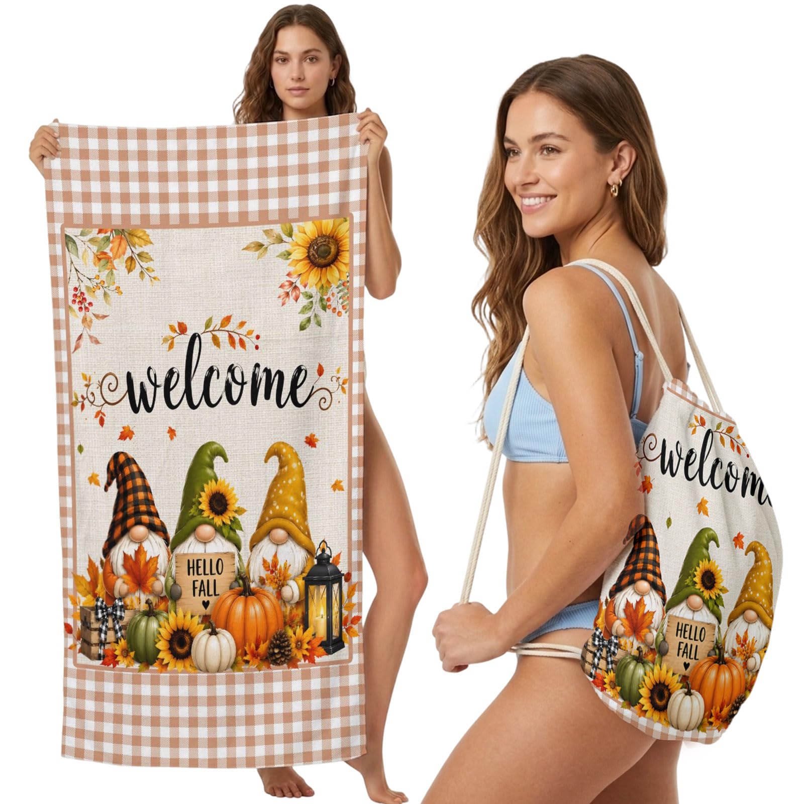2-in-1 Beach Towel Backpack,Thanksgiving Pumpkin Gnomes Bath Towel with Built-in Storage Autumn Maple Leaf Sunflower Convertible Foldable Beach Blanket for Travel Pool Gym Camping Swim,31x63in
