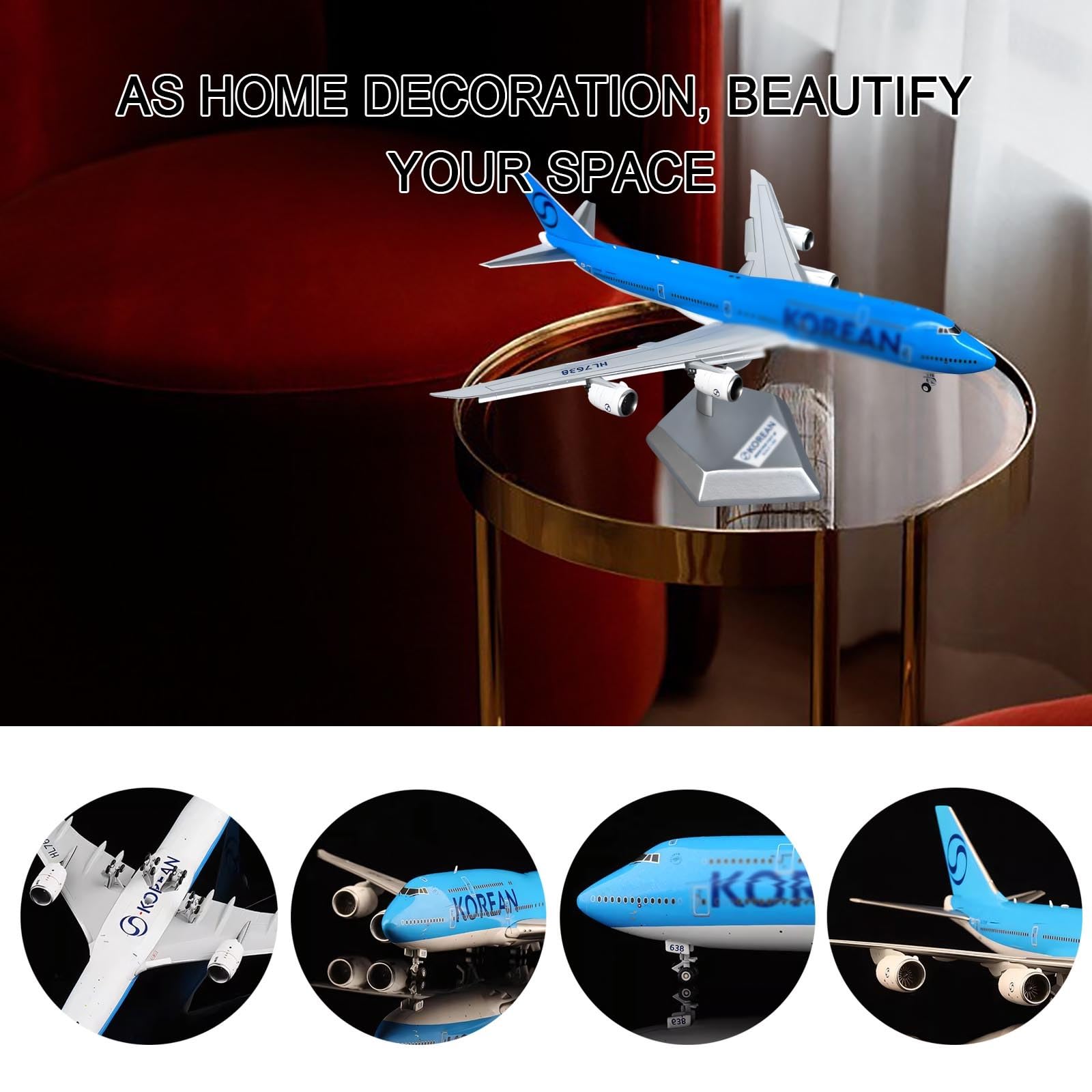 Modello aereo lega metallo pressofuso Korean Air B747 in scala 1/400 con livrea, carrello atterraggio mobile, ruote girevoli, espositore collezione, aereo for casa, ufficio, appassionato