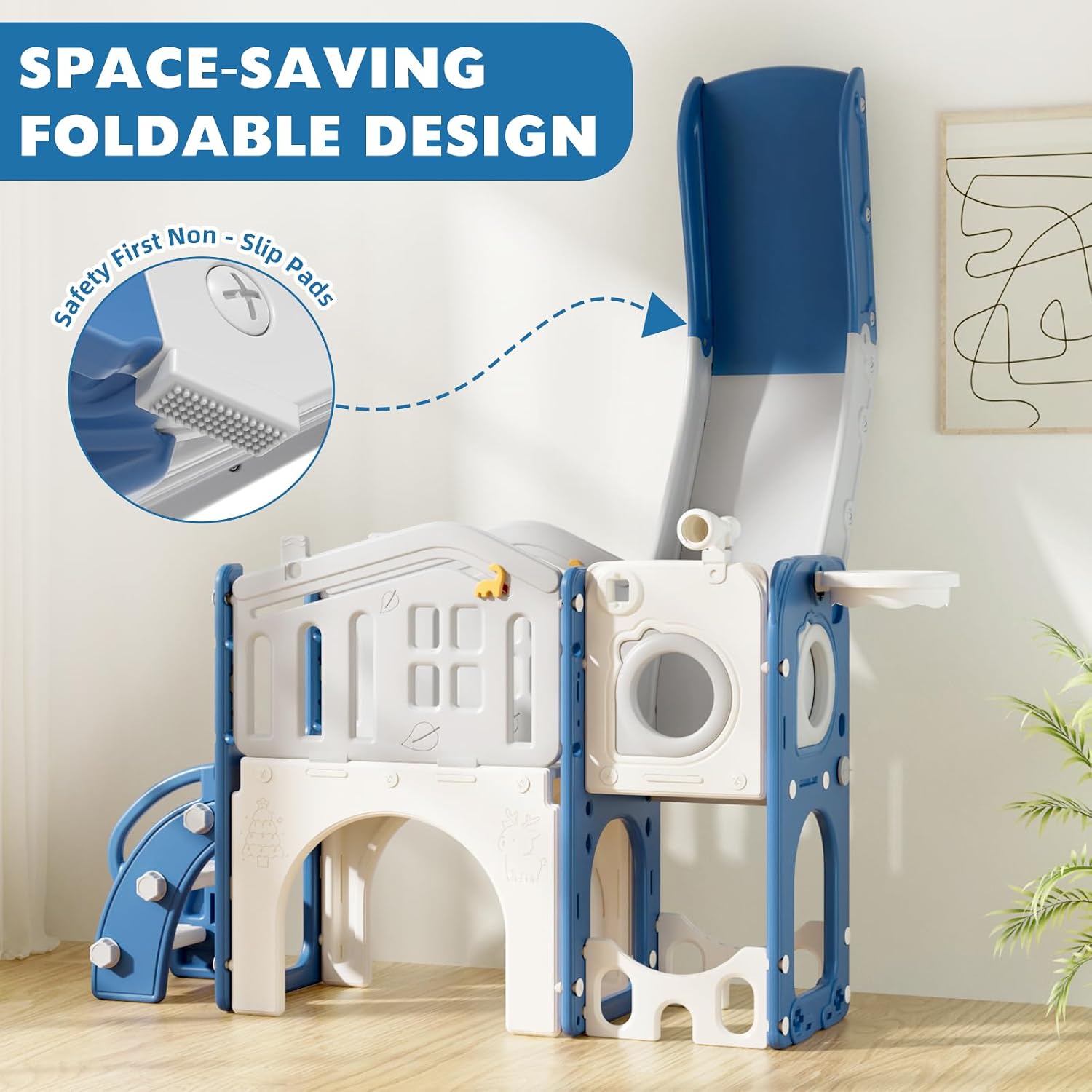 KORIMEFA 10 in 1 Toddler Slide Set - Baby Slide for Toddlers 1-3 with Ring Toss and Basketball Hoop, Indoor Outdoor Toddler Playset Playground, Blue