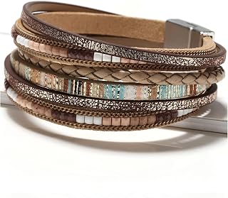Stackable Leather Cuff Bracelets for Women Multilayer Leather Wrap Bracelets Clasp Bangle Bracelet for Men Bohemian Wristband Jewelry Gift (khaki)