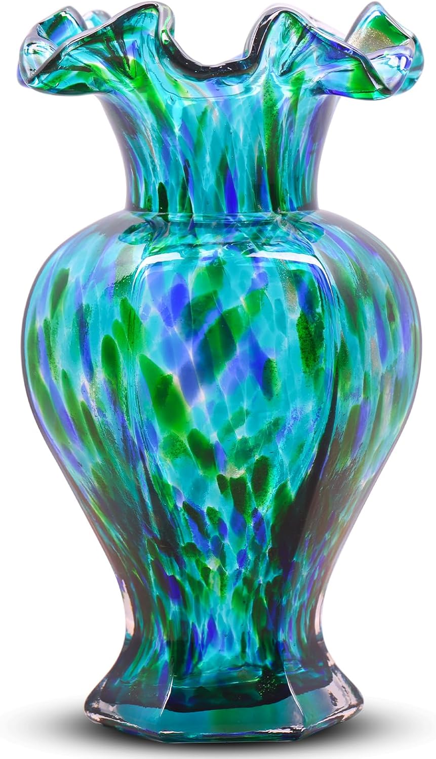 LCCCK 9.5" Tall Teal Blue Glass Vase Beautiful Hand Blown Glass Decor Flowers Vases for Centerpieces, Modern Murano Glassde Art Teal Vase, for Home Decor Table Entryway Wedding Decoration