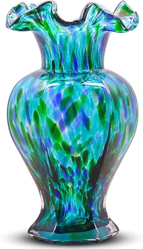 LCCCK 9.5" Tall Teal Blue Glass Vase Beautiful Hand Blown Glass Decor Flowers Vases for Centerpieces, Modern Murano Glassde Art Teal Vase, for Home Decor Table Entryway Wedding Decoration