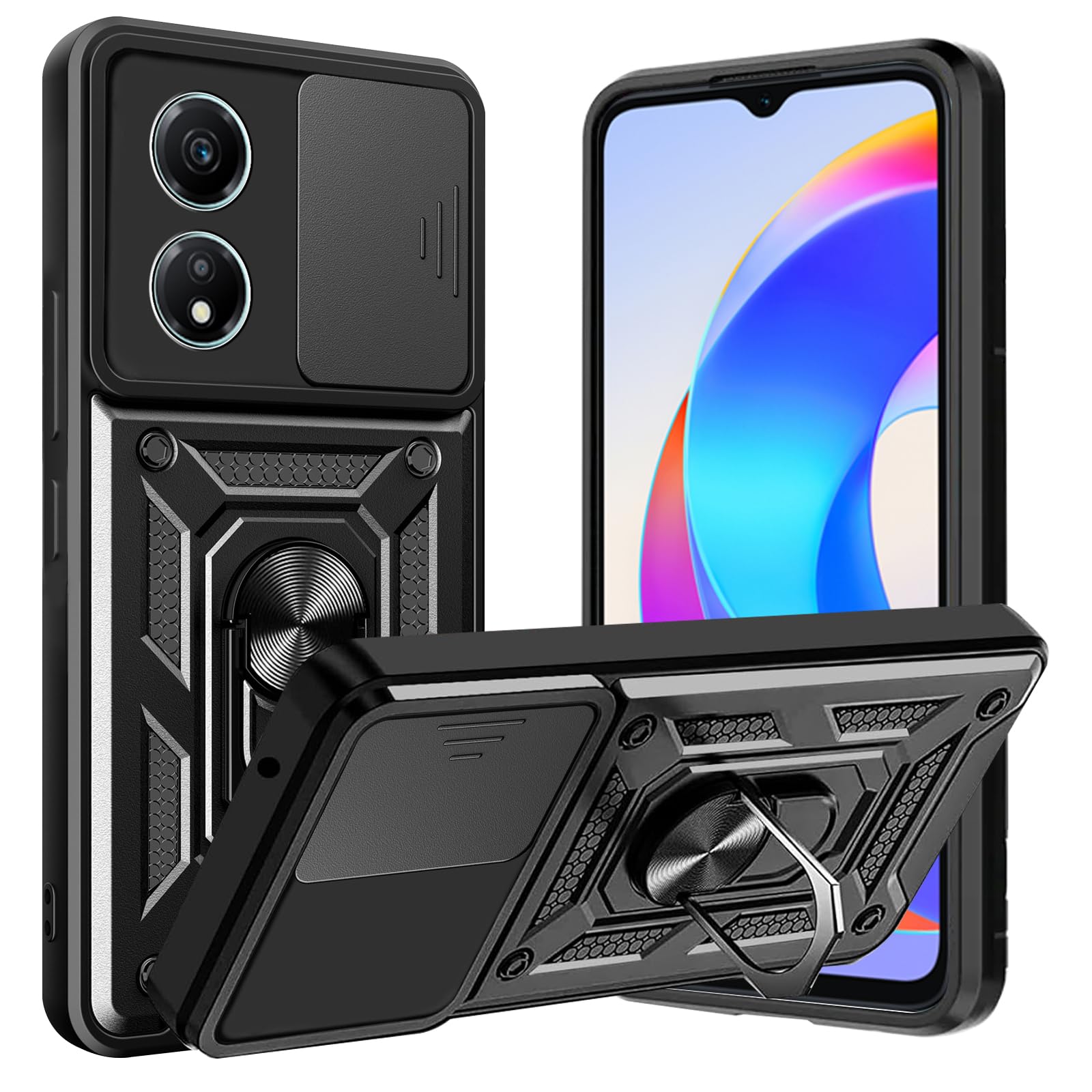 Custodia Protettiva Per Honor X5 Plus Con Sportellino Fotocamera E Anello Magnetico, Militare