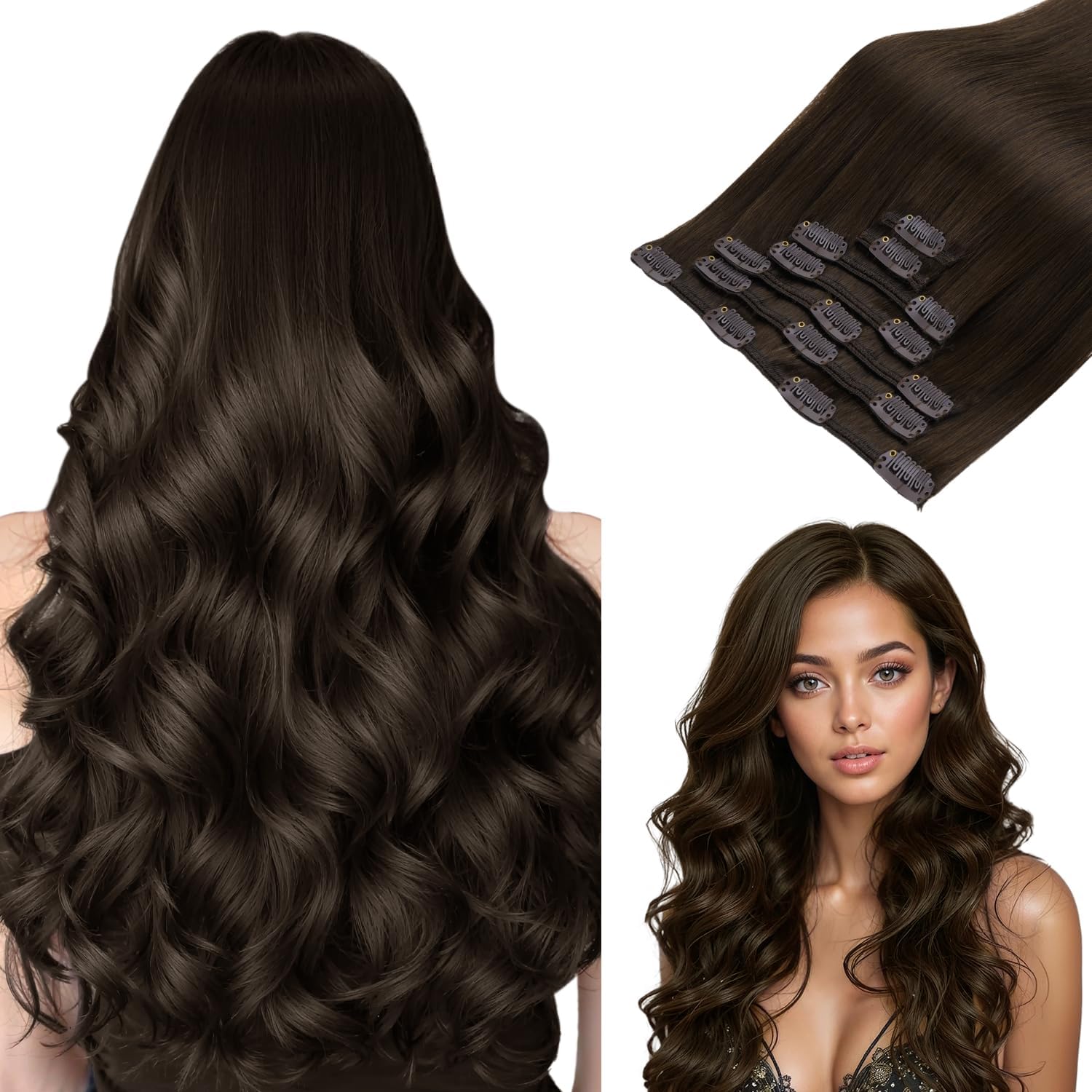 hotbanana Extension per capelli con clip, Castano Medio Clips Extension per capelli Capelli Umani Veri Doppia Trama Clip per capelli umani Lisci Extension per Capelli Remy 30 cm 80g 7 pezzi