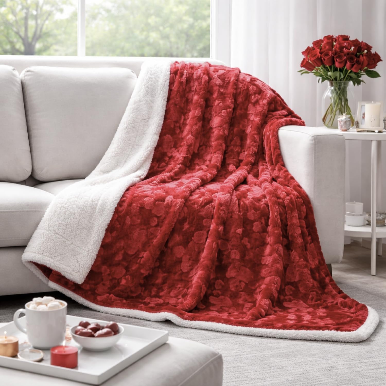 DaDa Bedding Valentine's Romantic Red Faux Fur Throw Blanket - Fluffy Lovely Hearts Plush Sherpa Backside Fleece for Lap or Sofa - Cuddly Gift for Her Embossed Solid Pomegranate Merlot - 50" x 60" - Image 4
