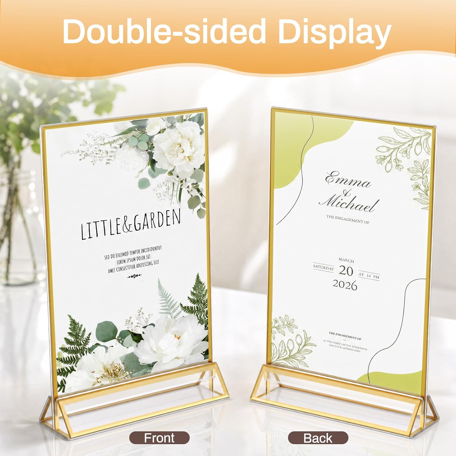 8 Pack Acrylic Sign Holder 5x7, Double Sided Gold Frames, Clear Acrylic Sign Holder Picture Frame, Vertical Table Menu Display Stand, Plastic Gold Picture Frames & Gold Table Frames for Wedding Party (Provide Non-slip Mats) image 2