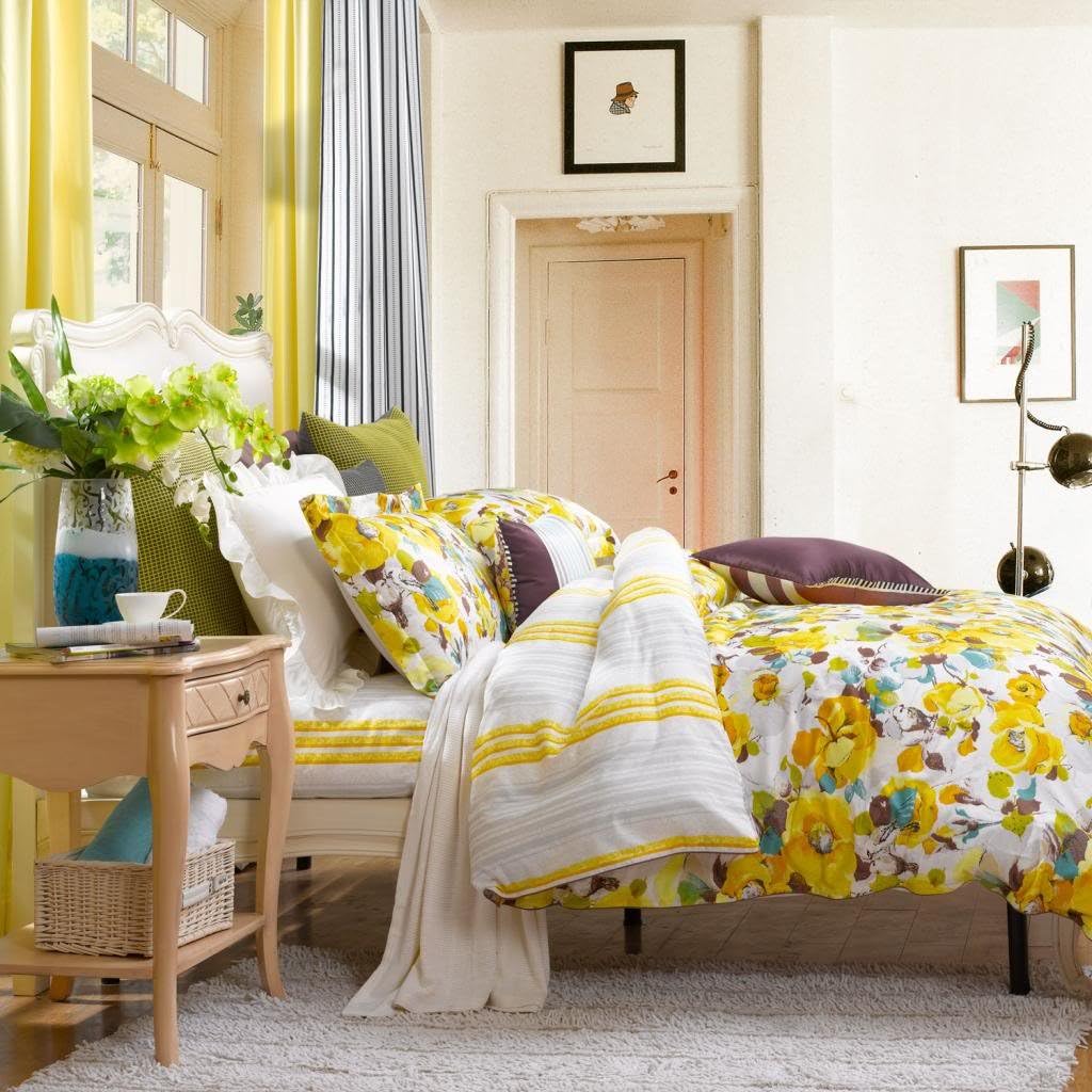 Fuanna Faint Fragrance 3 Pieces Set Cotton Printed King Duvet Cover and Pillow Shams Yellow