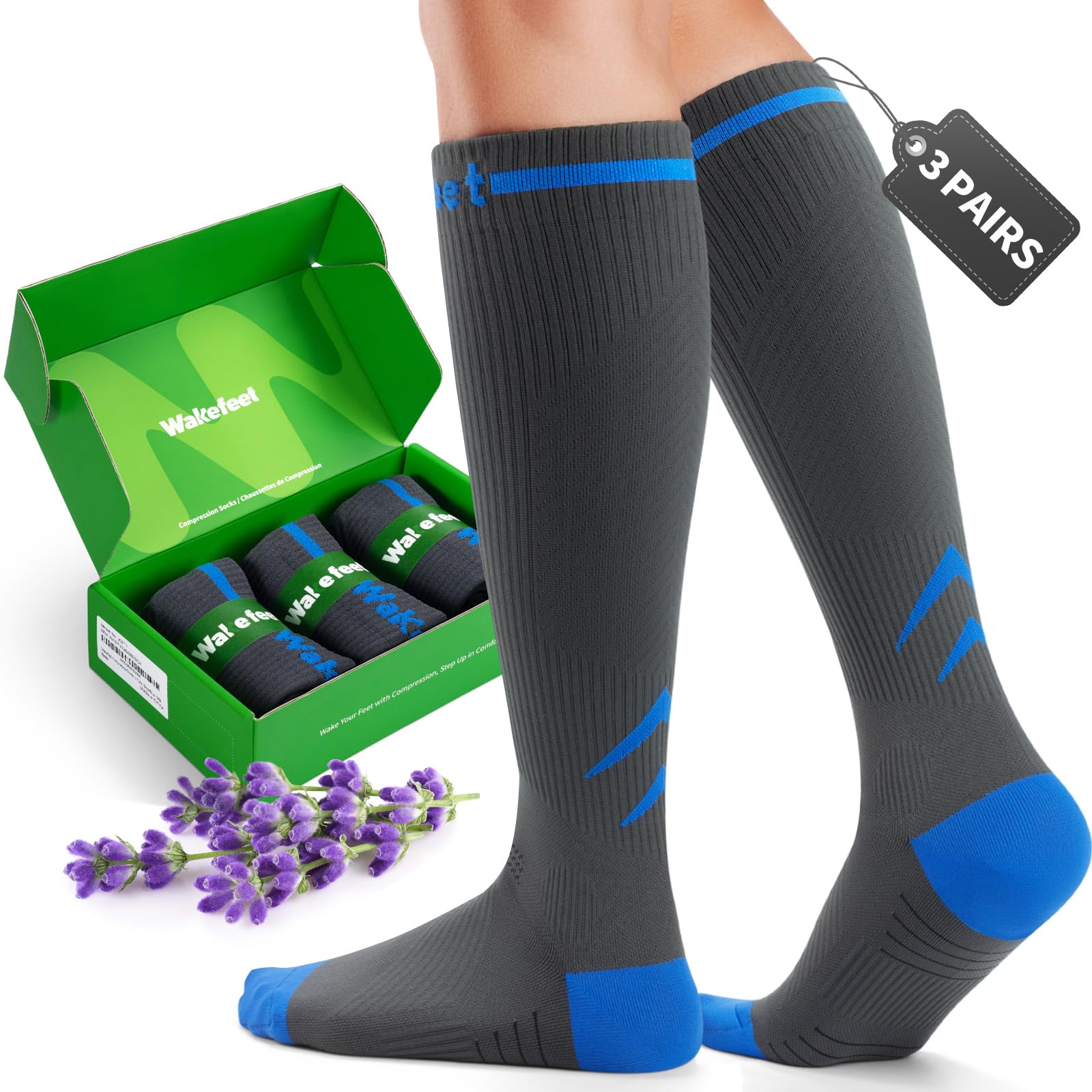 WAKEFEET Medical Compression Socks Men Women 3 Pairs, Compression Stockings 20-30mmHg for Flight Travel, Cycling, Pregnancy, Running, Nurse