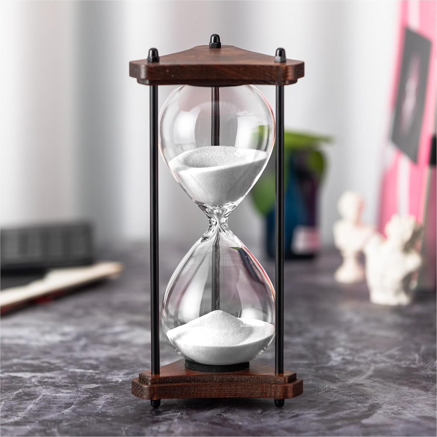 Hourglass Timer 60 Minute, Triangle Wooden Frame Decorative Sand Timer (Red Sand, Large Size)