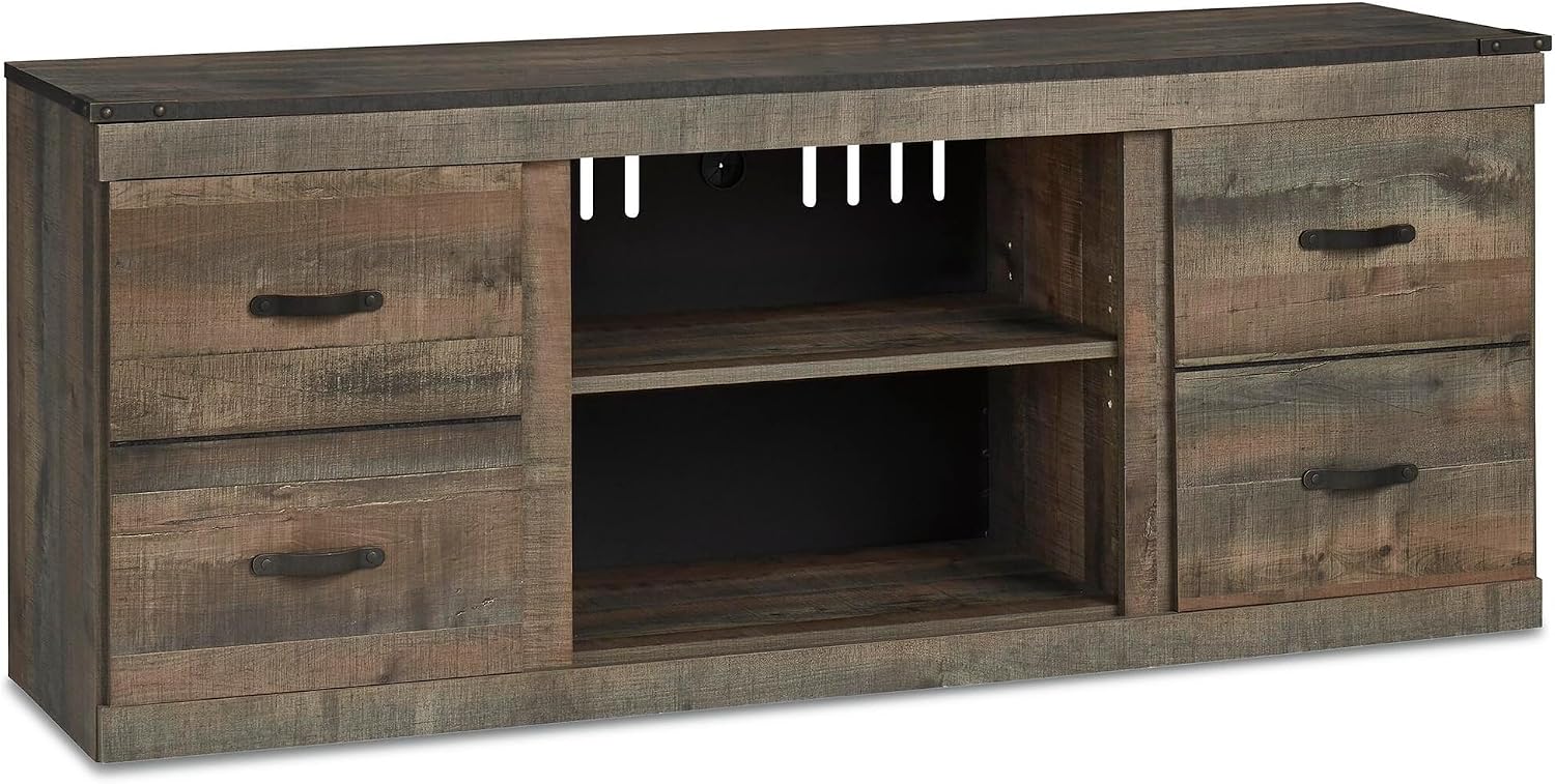 Signature Design by Ashley Trinell TV Stand, 60" Rustic Farmhouse | Warm rustic plank finish with bronze-tone hardware, Fits up to 69-inch TVs, Compatible with W100-101 LED fireplace insert