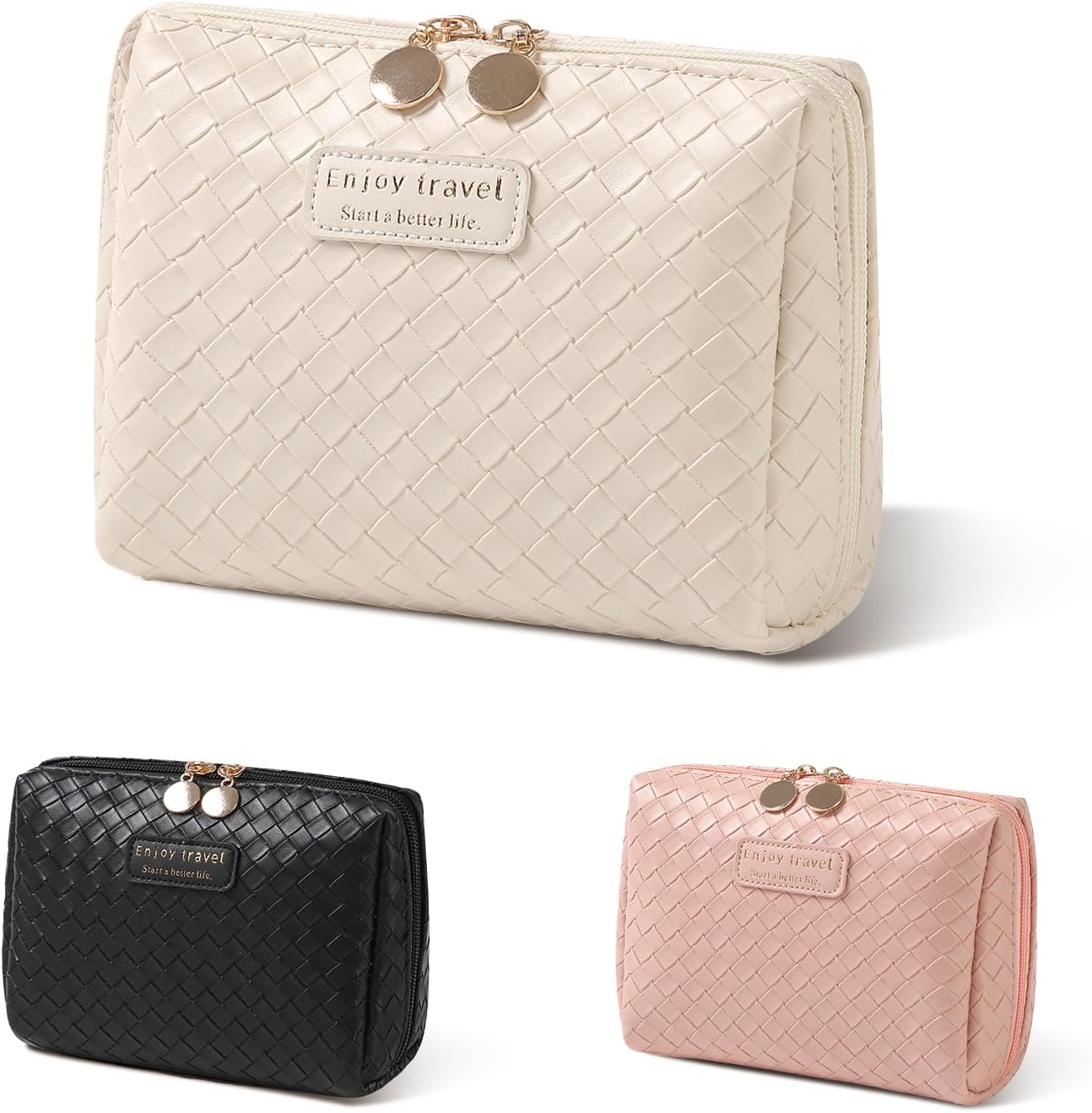Women's Make-Up Bag, Cosmetic Bag, PU Leather Travel Bag, Waterproof Portable Makeup Bag with Zipper (White Small)