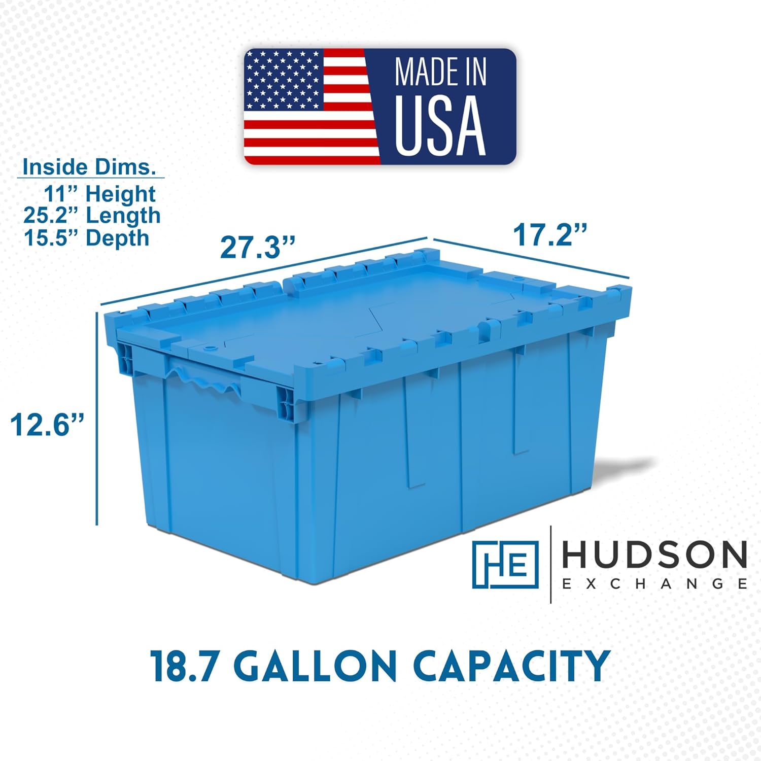 Hudson Exchange 27.3 x 17.2 x 12.6 (3 Pack) Storage Tote Distribution Container with Hinged Attached Lid, Blue