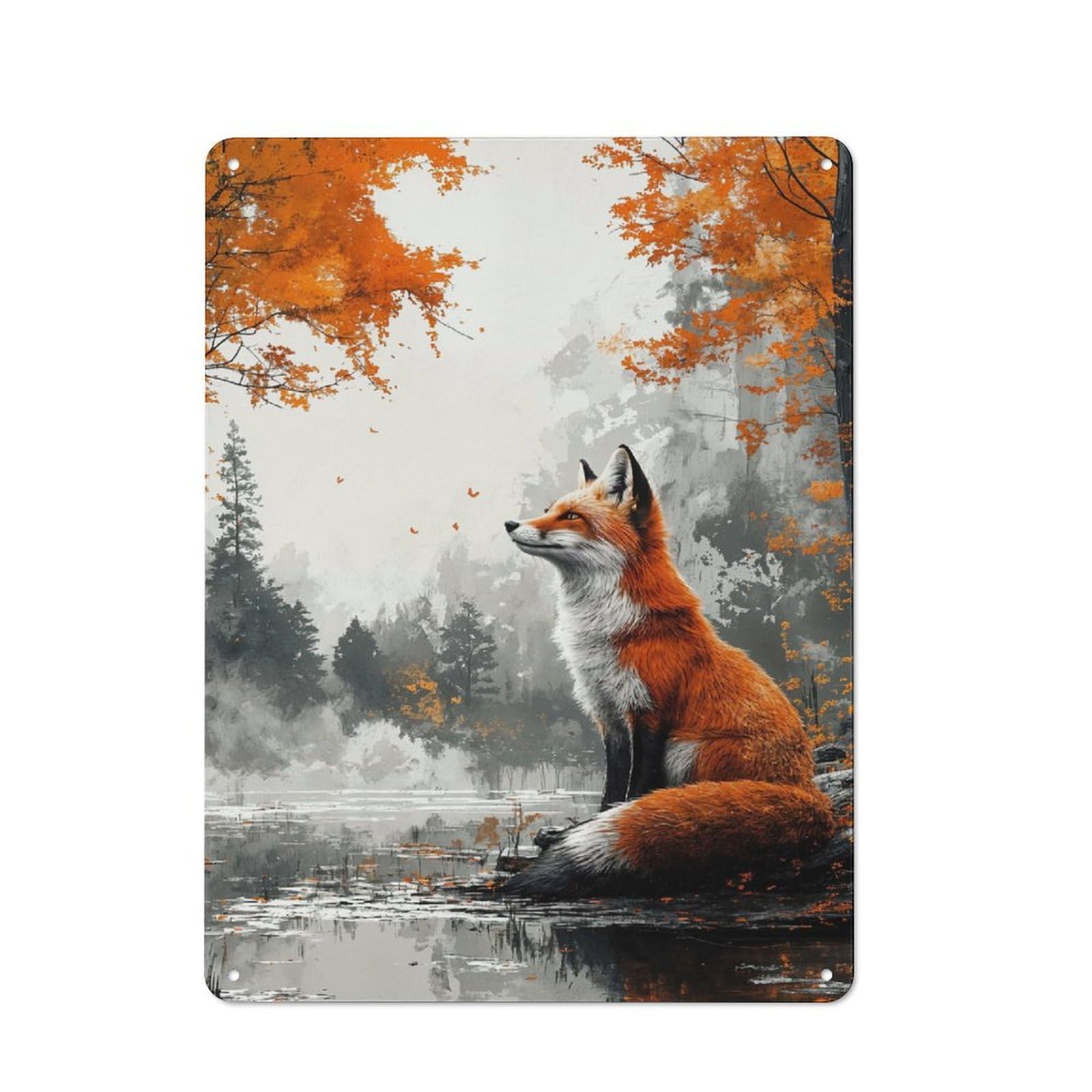 Junmoney Style-11 Fox In Autumn Landscape Nostalgic Metal Wall Decor 40X30cm, Vintage Tin Sign For Living Room, Hallway, Kitchen Or Cafe