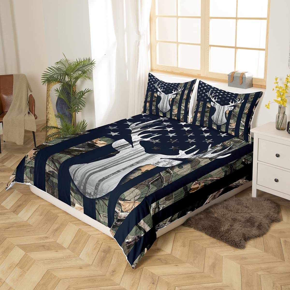 Camouflage USA Flag Duvet Cover Single Size,Green Camo Grey Deer Antlers and Trees Natural Comforter Cover for Adults Kids Bedroom Decor,American Flag Bedding Set 1 Pillowcase,No Comforter - Image 2